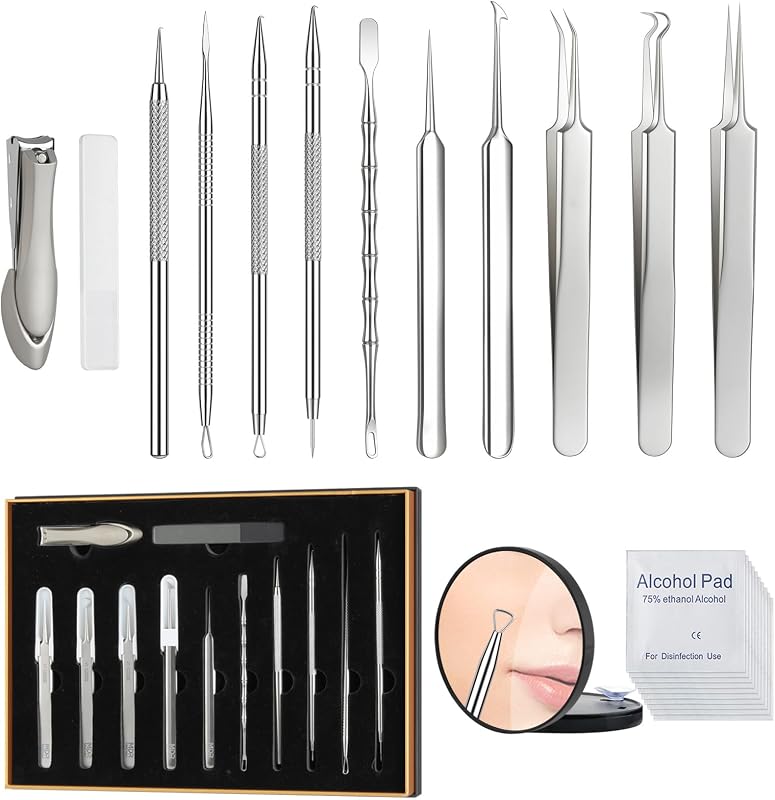 Kit Meidaier com 12 ferramentas para cuidados faciais, espelho de aumento 10X e 20 lenços com álcool