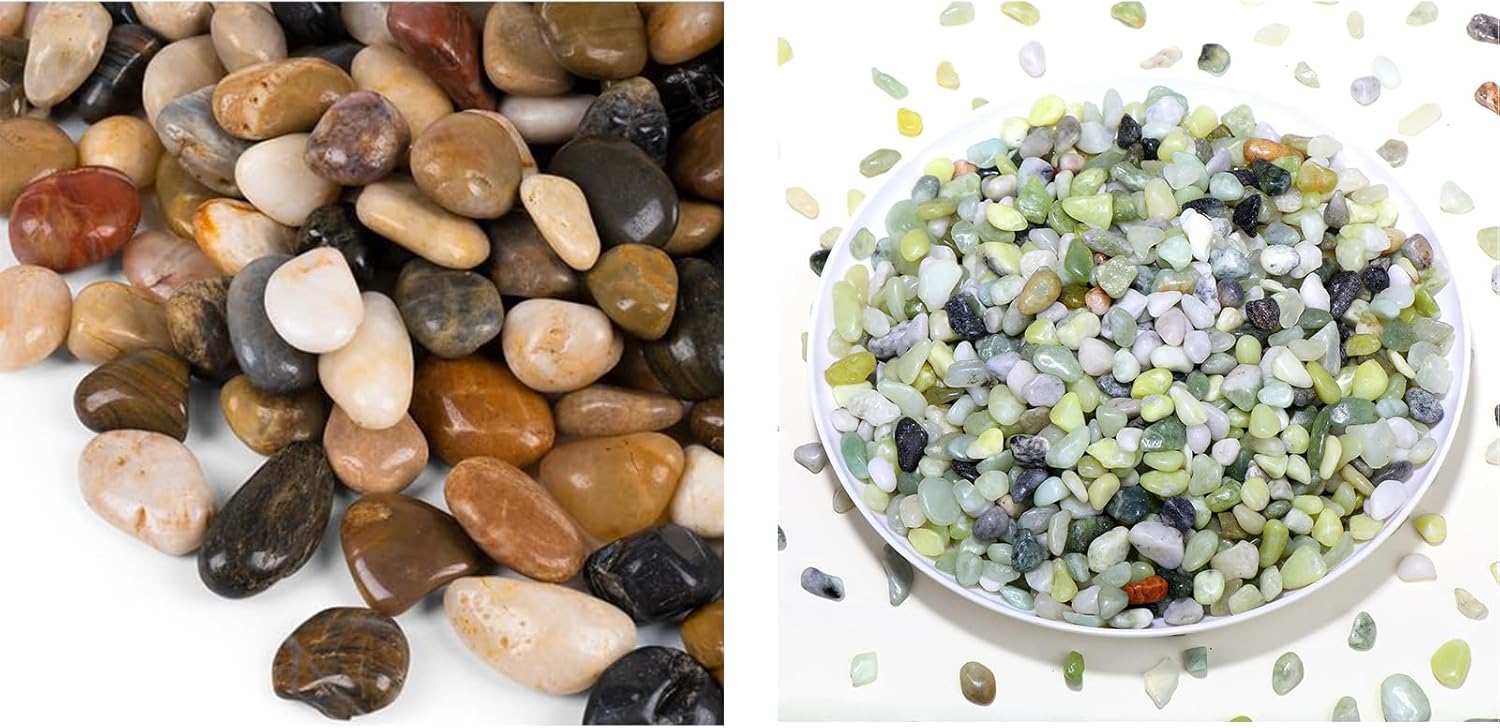 15LB Mixed River Rocks and 5lb Jade Pebbles, Natural Decorative Stone for Indoor Pots or Vase or Outdoor Garden Landscaping, Polished Mixed Pebbles for Planters