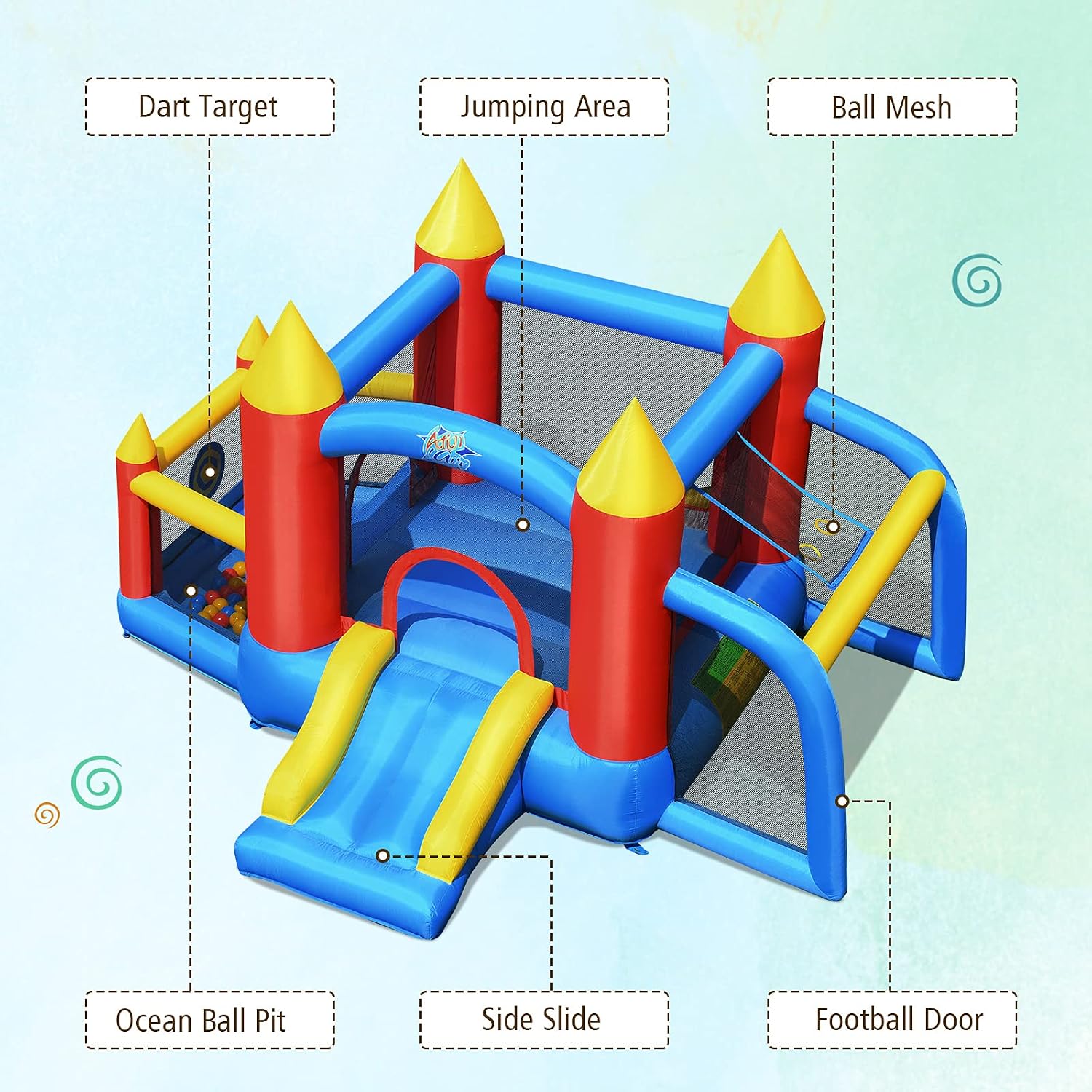 GLACER Inflatable Slide Bounce House, 6 in 1 Castle Jumping Bouncer w/Jumping Bed, Slide, Football Door, Ball Mesh, Ball Pit, Dart Target, Kids Castle Party Bounce House ((with 740W Air Blower))