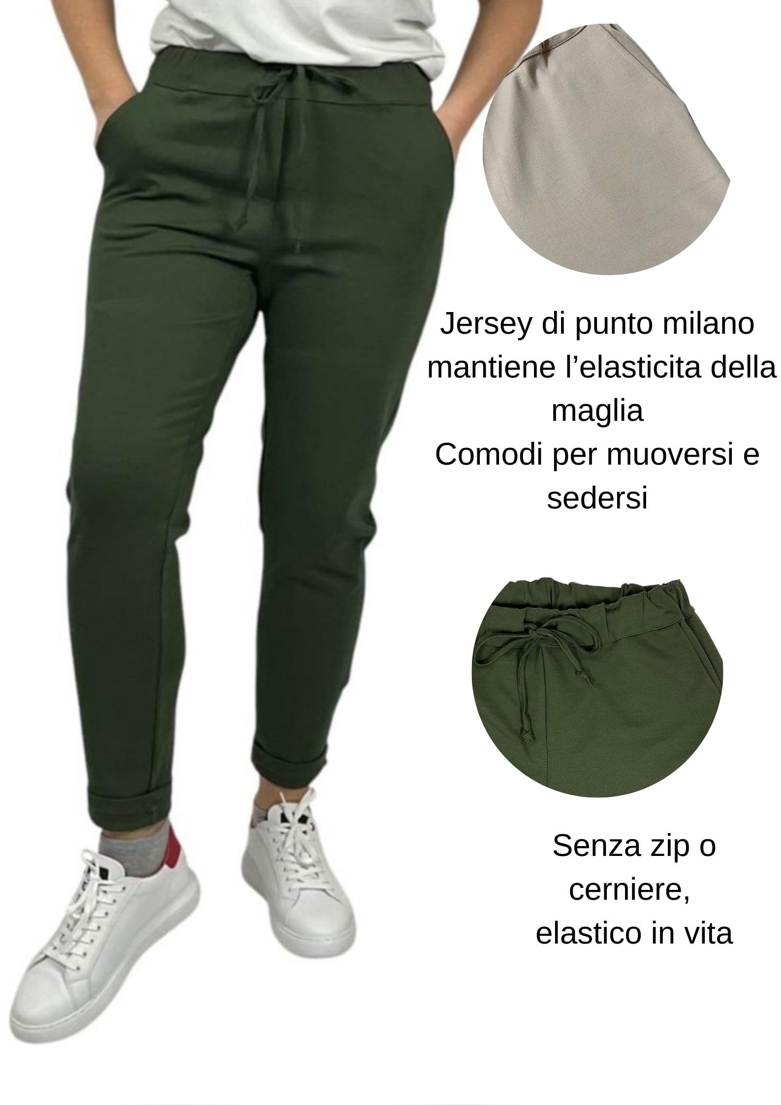 Pantalon Femme Taille Haute Élastique - Chino Cigarette Confortable Grande Taille Legging Élégant Curvy Élastique à la Taille Joggers Doux Viscose, vert militaire, XL