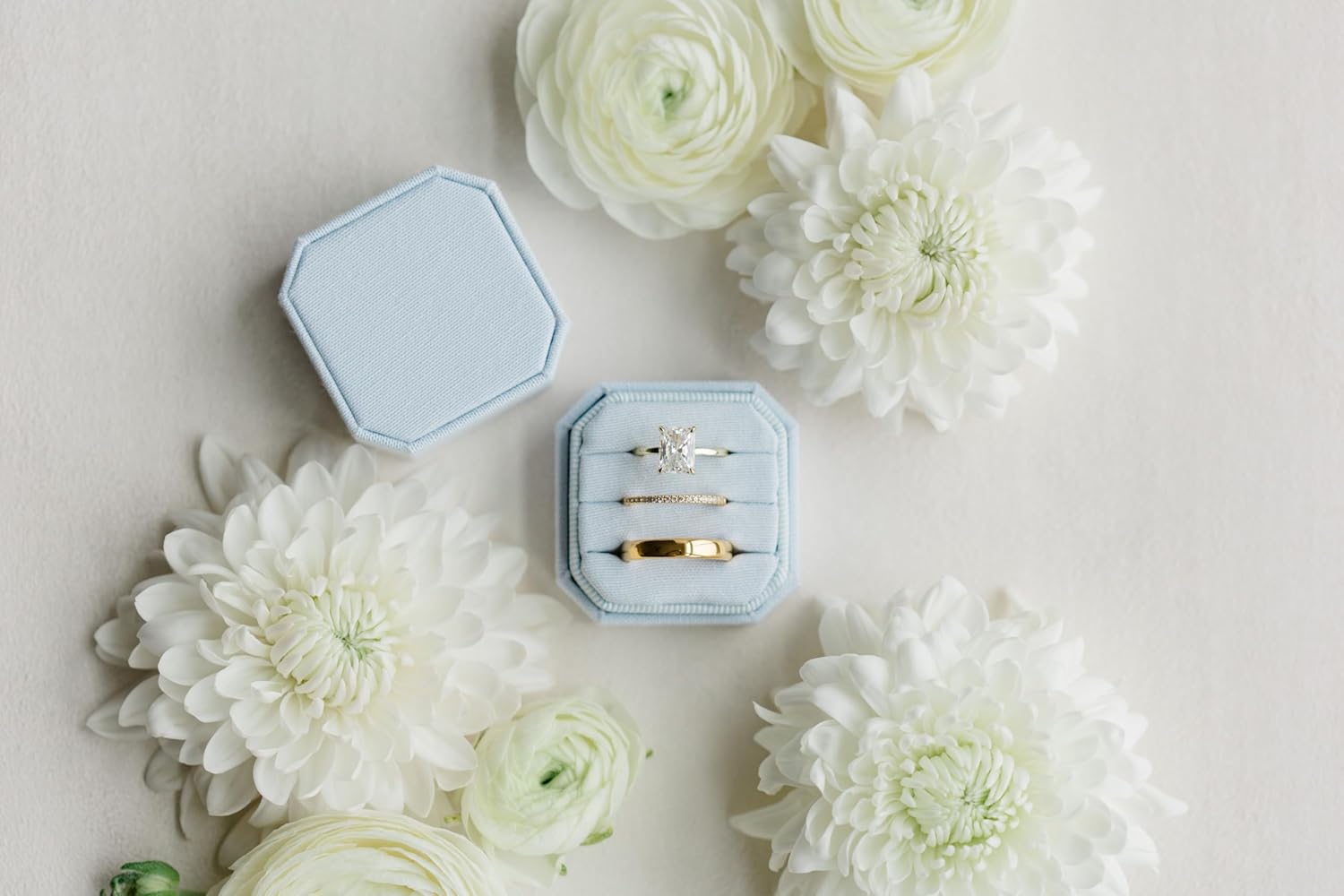 Linen Wedding Ring Box, Linen 3 Slot Engagement, Wedding Day Ceremony and Detail Photos, Removable Lid, Square Ring Box, 2"x2"x1.75" (Powder Blue)