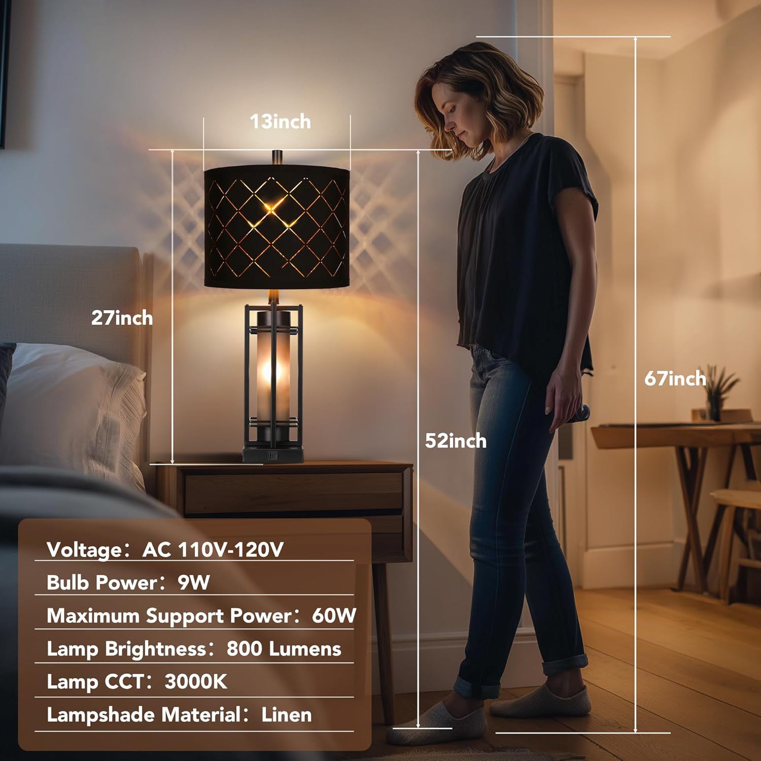 Modern Table Lamp Set of 2, Nightstand Lamps with Black Grid Shade, Bedside Lamps with USB A+C Charging Ports, Decorative Table Lamp, Square Base, Desk Lamps for Living Room, Bedroom, 2 Bulbs Included