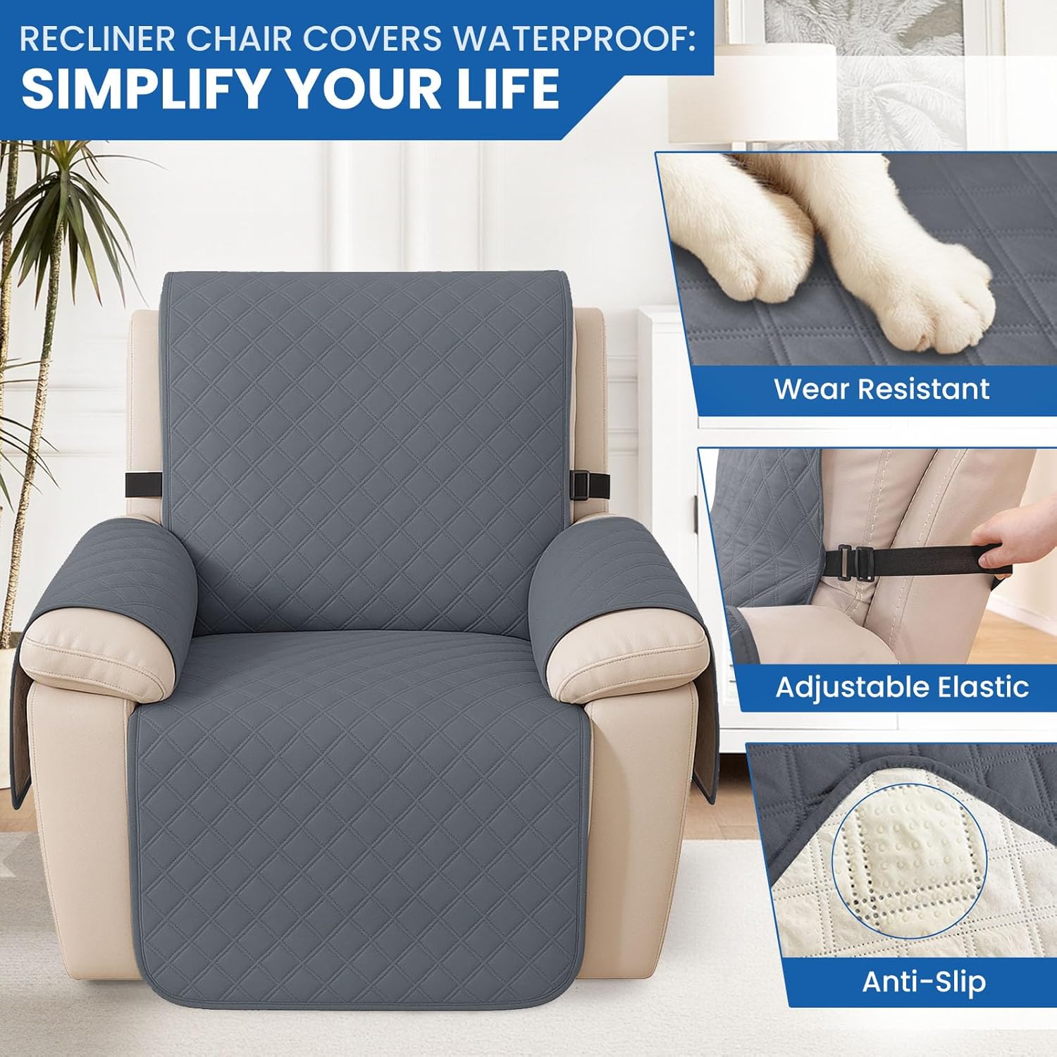 Waterproof Recliner Chair Covers, Recliner Covers that Stay in Place, Electric Recliner Cover, Recliner Covers Washable with Pocket, Elastic Straps for Kids, Pets, Dogs (Dark Gray, 25")