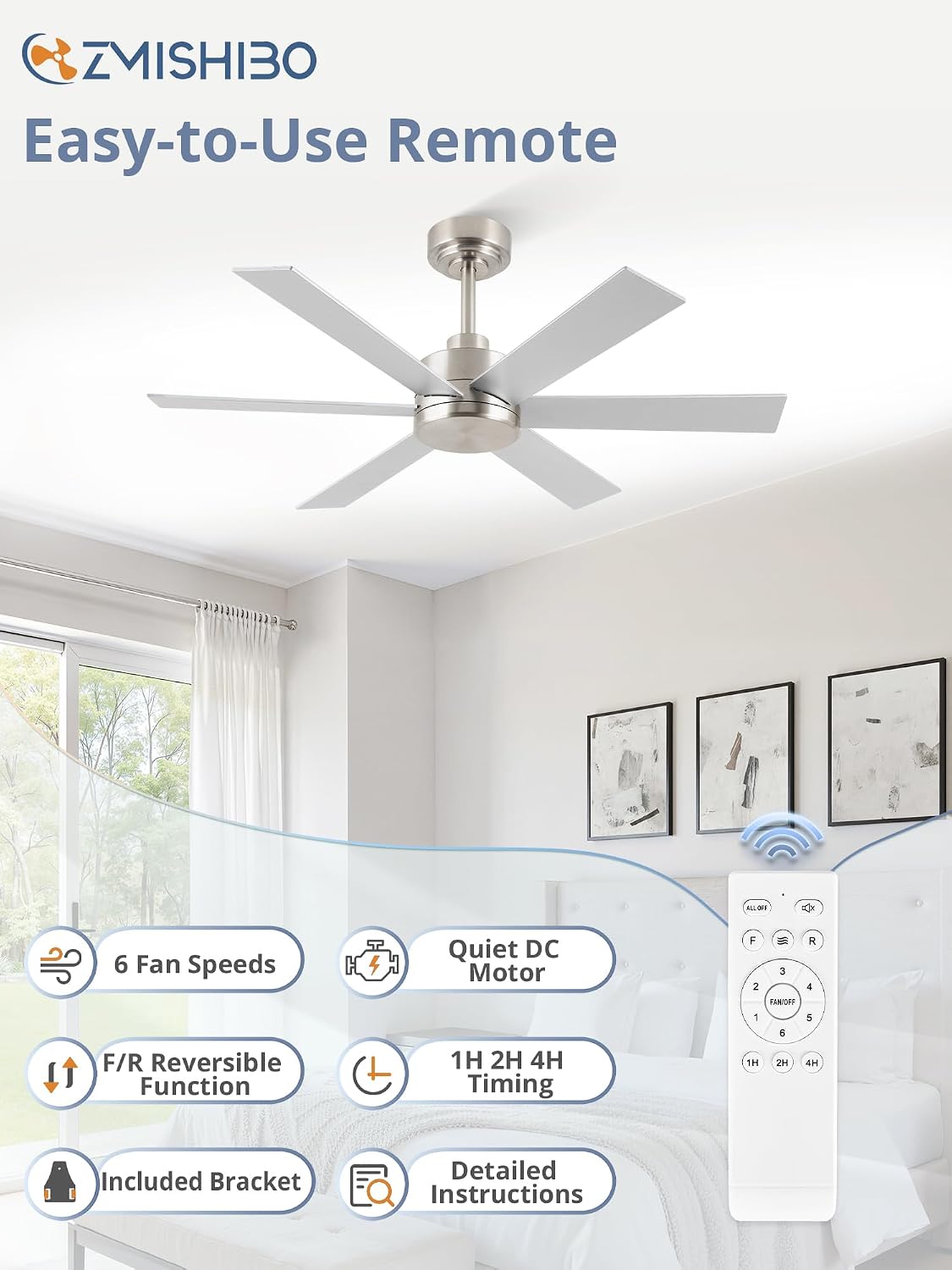 ZMISHIBO 42 Inch Ceiling Fan No Light, Brushed Nickel Ceiling Fan Wthout Light, 6 Blades, Quiet Reversible DC Motor, 6-Speeds, Modern Ceiling Fans for Living Room, Bedroom, Workshop, Indoor/Outdoor