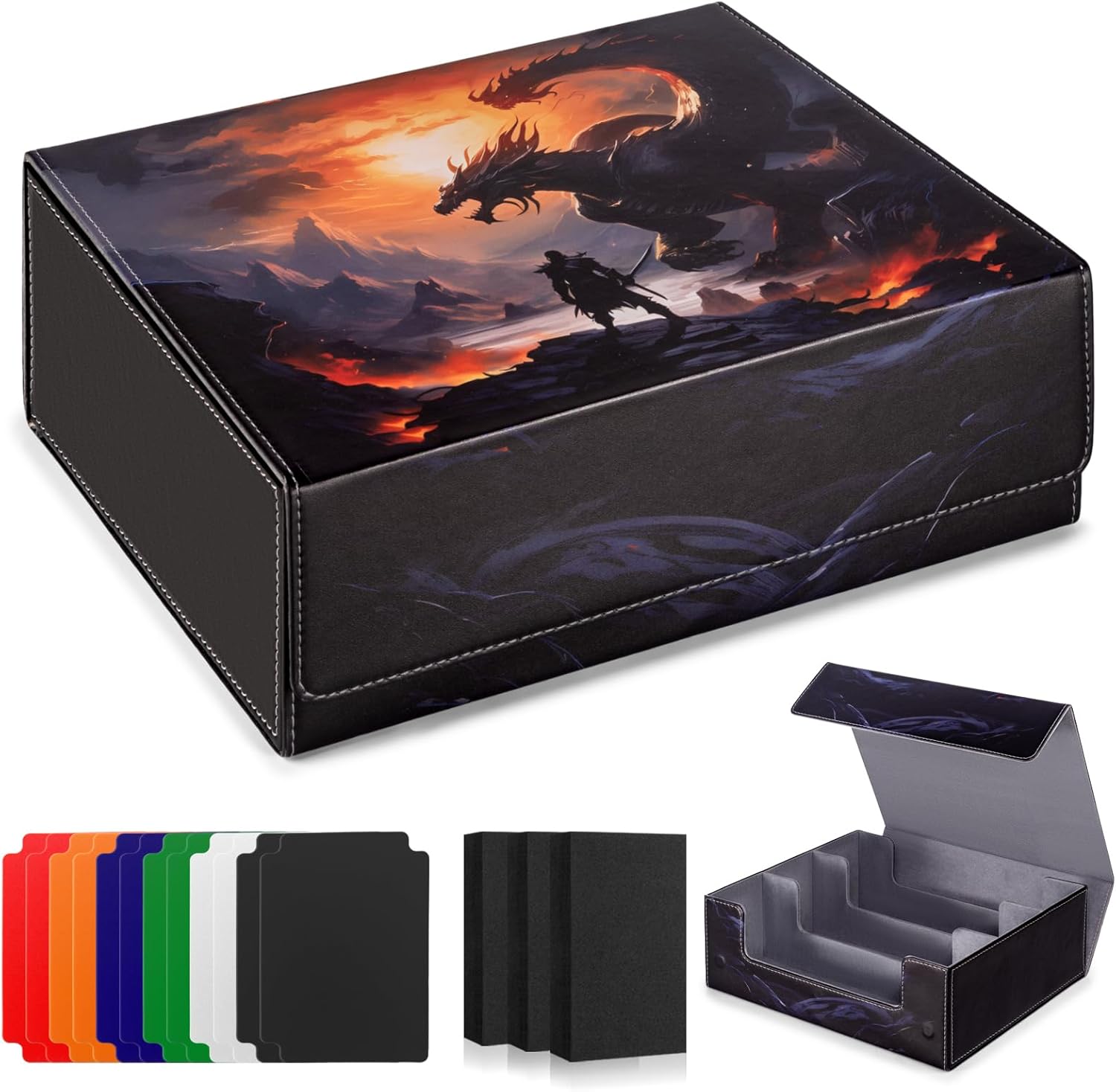 Card Deck Box compatible with MTG - Holds 1800+ Cards, Card Deck Case, Card Storage Box fits TCG/PTCG/YGO Cards and Sport Cards with 10 Dividers - Dusk Dragonfire