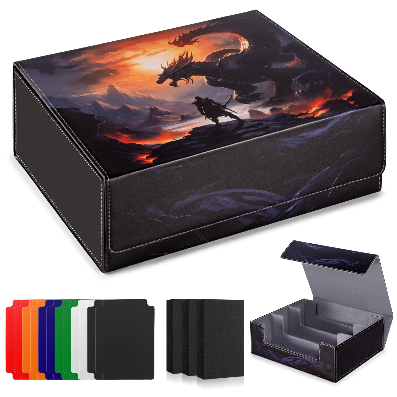 ULTRGEE Card Deck Box compatible with MTG - Holds 1800+ Cards, Card Deck Case, Card Storage Box fits TCG/PTCG/YGO Cards and Sport Cards with 10 Dividers - Dusk Dragonfire