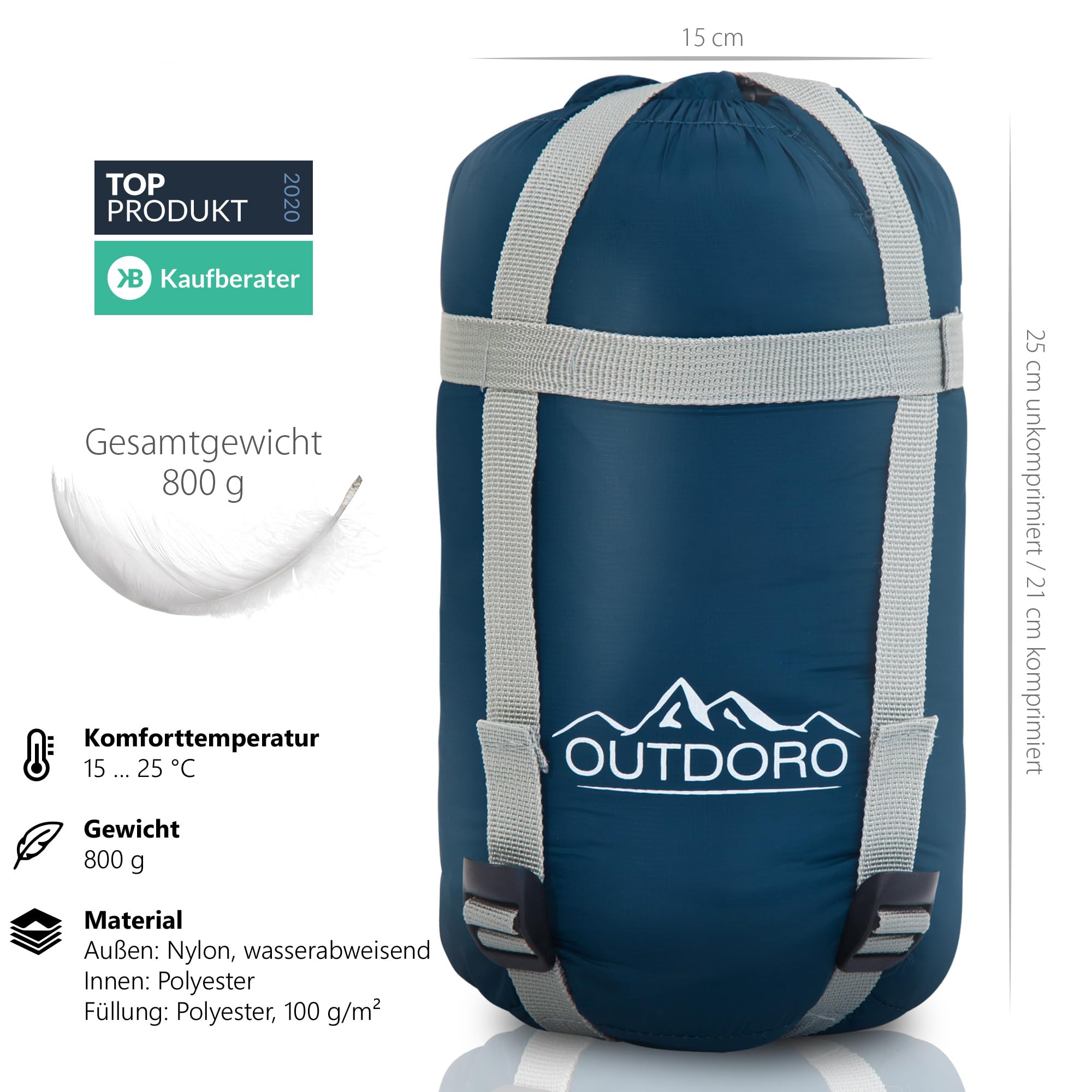 Outdoro ultraleichter Schlafsack 800g - kleines Packmaß - leicht, dünn und warm - Idealer Sommerschlafsack, Mumienschlafsack für Herren, Damen, Erwachsene