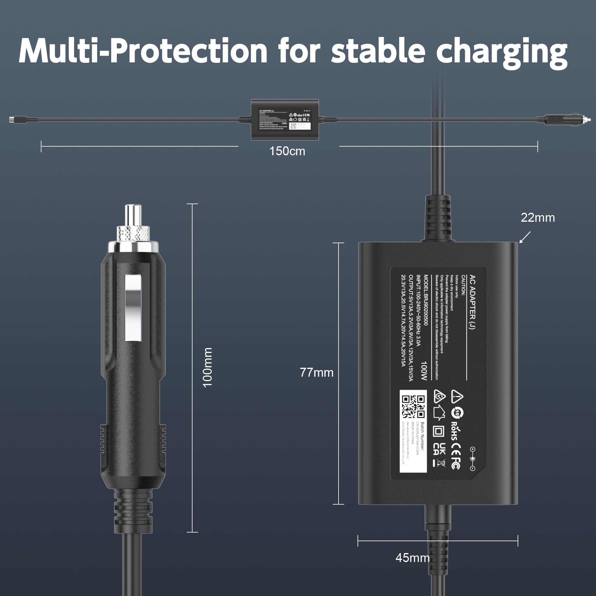 Chargeur de voiture USB C 100 W pour ordinateurs portables USB-C PD, adaptateur d'alimentation de voiture 12-24 V compatible avec Lenovo/HP/Dell/Acer/ASUS/ThinkPad/MacBook, câble de charge de voiture