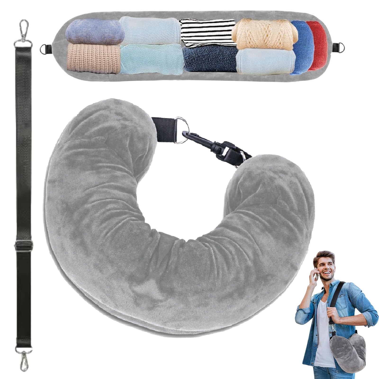 Cuscino da Viaggio Riempibile,Cuscino Collo Viaggio Velluto di Cristallo,Riempibile Con Vestiti Cuscino per Aereo,Multifunzionale Accessori da Viaggio,Con Tracolla Regolabile Staccabile (Grigio