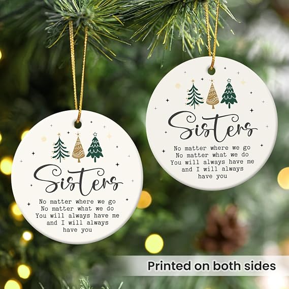 Birthday Gifts for Sisters Bestie - Cute Sister Christmas Ornament 2026, Soul Sister Gifts for Women, Ceramic Ornament for Christmas Tree Decorations, Friendship Ornaments for Women Friends