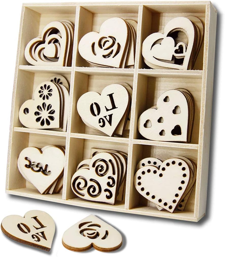 YuQi 45PCS Wooden Hearts Theme Scrapbooking Embellishments Sets with Storage Tray, Mini Laser Cut Blanks Wood Shapes for Valentine's Day & Wedding Decorations Kits,Kids Birthday Gifts from Parents
