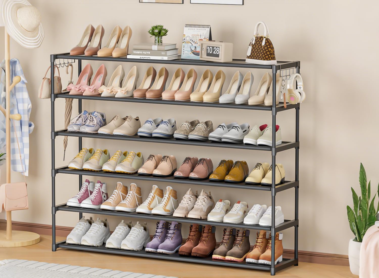 LUKYTOWER Extra Long Shoe Rack 6 Tier 39Pairs, Shoe Storage Organizer with 2 Hooks, Wide Stackable Shoe Organizer Racks for Closet Entryway,Shoe Shelf Stand Sturdy Durable Shoes Holder, Black