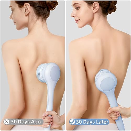 Miniatura 9 de Cepillo corporal eléctrico para ducha, limpiador de cuerpo largo impermeable de doble mango con 3 cabezales, cepillo de baño recargable y 2