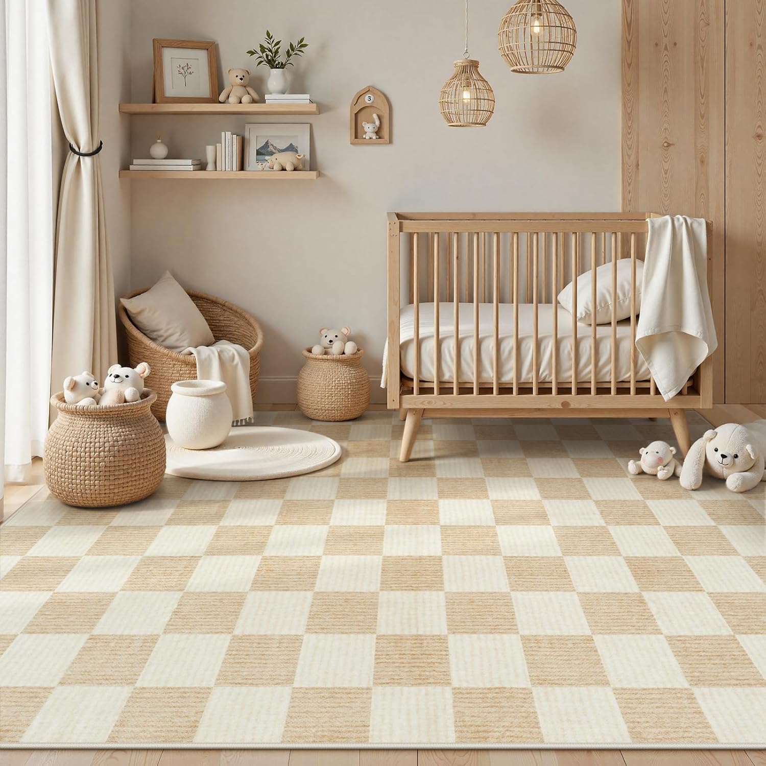 LIVEBOX 8x10 Area Rugs for Living Room, Checkered Non-Slip Washable Rugs, Farmhouse Neutral Classic Geometric Pattern Large Boys Area Rug for Bedroom, Carpet for Dining Room Office(Ivory,8'x10') - Image 5