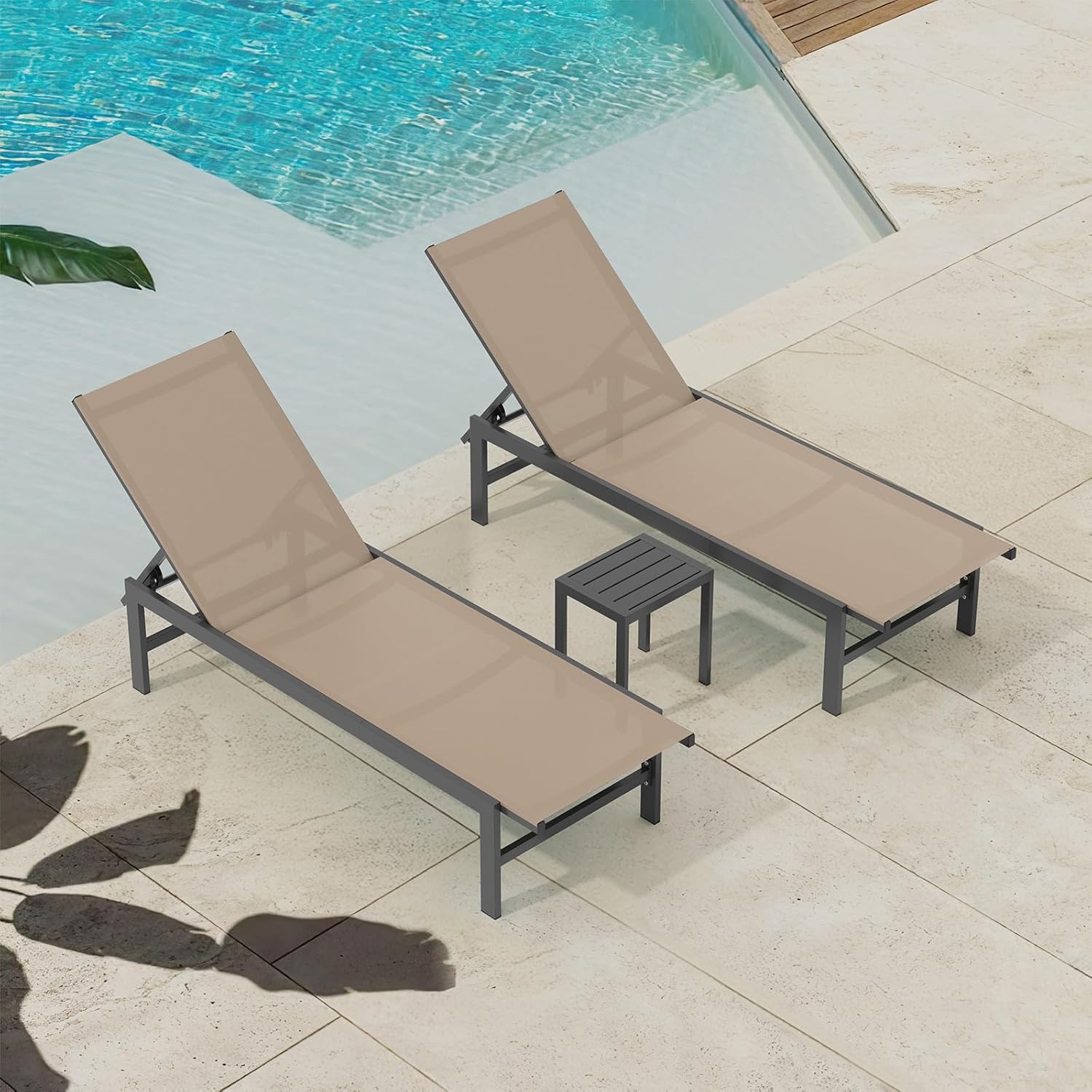 Vexwalx Outdoor Lounge Chairs Set of 3, Aluminum Chaise Lounge Chairs with 5-Position Recliner, Patio Lounge Chair for Backyard, Poolside, Deck, Lawn (Khaki)