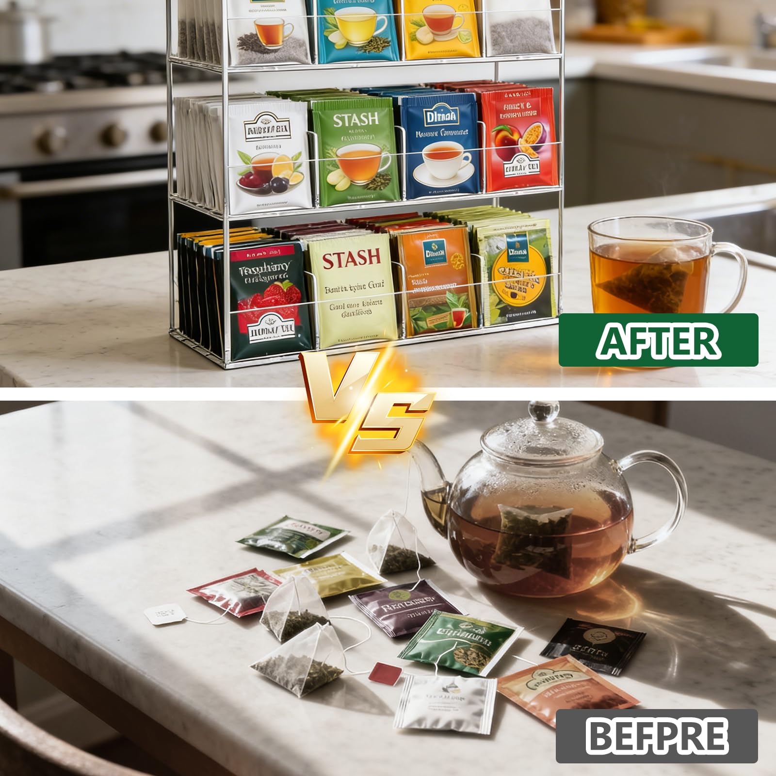 Teebeutel Organizer aus Acryl - 3-stufige Teebeutel Aufbewahrung mit 12 Fächern, Teebeutelhalter für 216 Teebeutel Teeregal Hochkant für Arbeitsplatten Küchenschränke Vorratskammern, Platzsparend