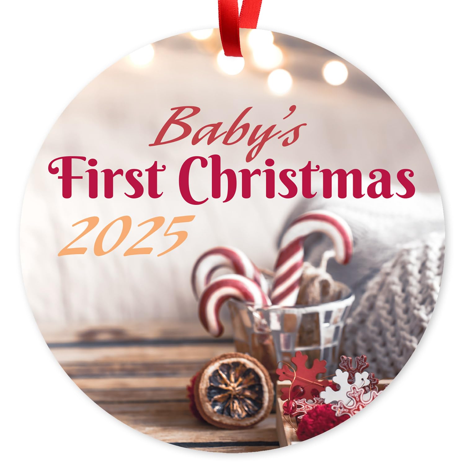 Soul Décor Christmas Ornaments, Baby's First Christmas 2025 Ornament, Velvet Pouch and Red Ribbon Included, Large 3.75" Round Ornament, Made in The USA