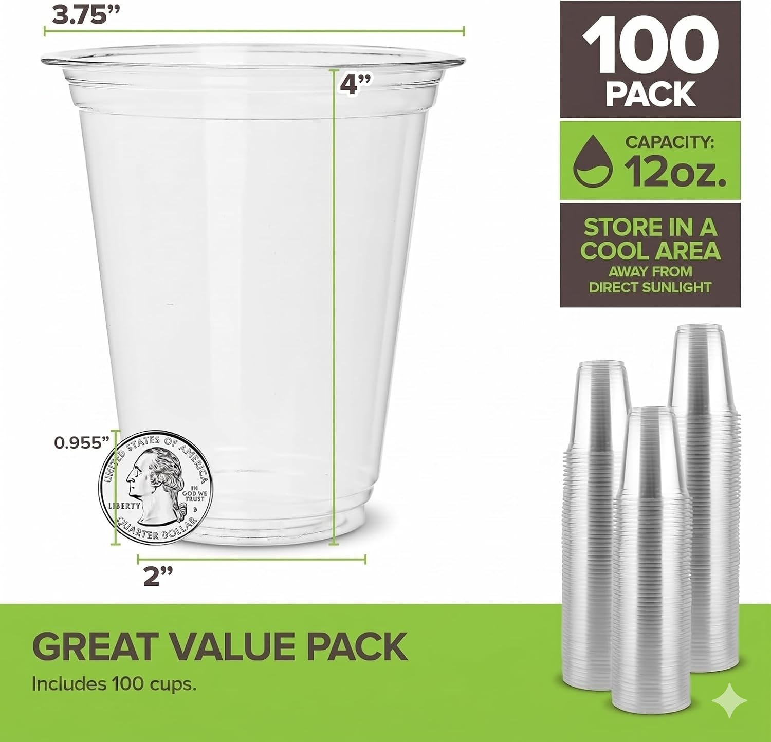 Stock Your Home 12oz Commercially Compostable Clear Cups (100 Pack) PLA Plastic Alternative Disposable Cold Drink Cups & Wine Glasses, BPA Free for Iced Coffee, Lemonade, & Soda for Weddings & Parties image 2
