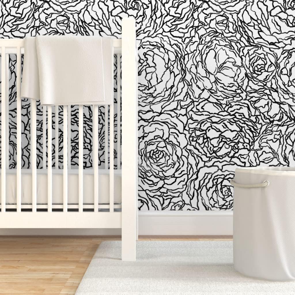Spoonflower Removable Wallpaper 3ft x 2ft - Black White Painted Florals Floral Abstract Outlines Custom Pre-Pasted Wallpaper