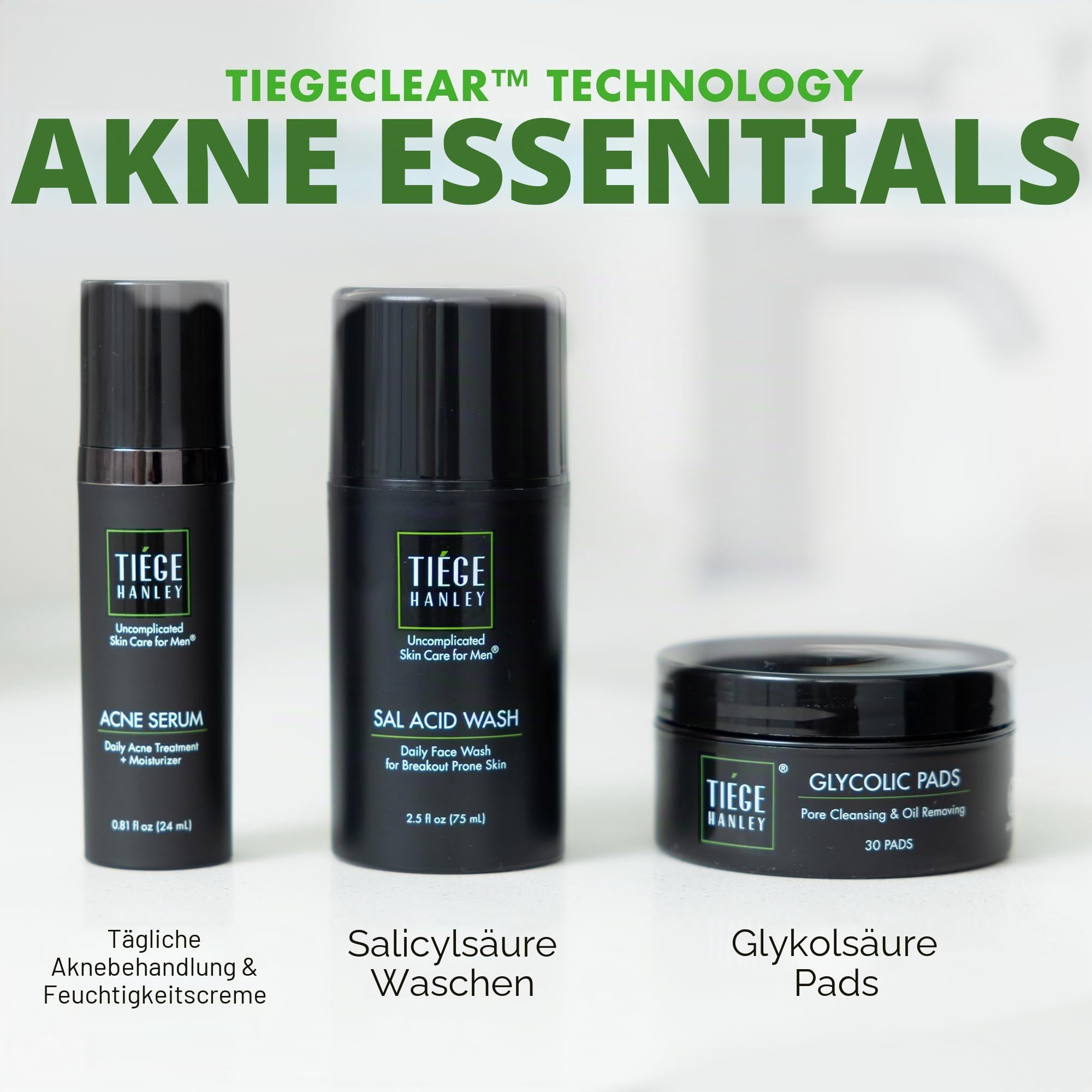 Tiege Hanley Essential Acne Care Herren Hautpflegeset, 3-teiliges Set | Level 1, TiegeClear Acne Essentials Routine, Salicylic Acid Face Wash, Glykolic Pads & Akne Serum