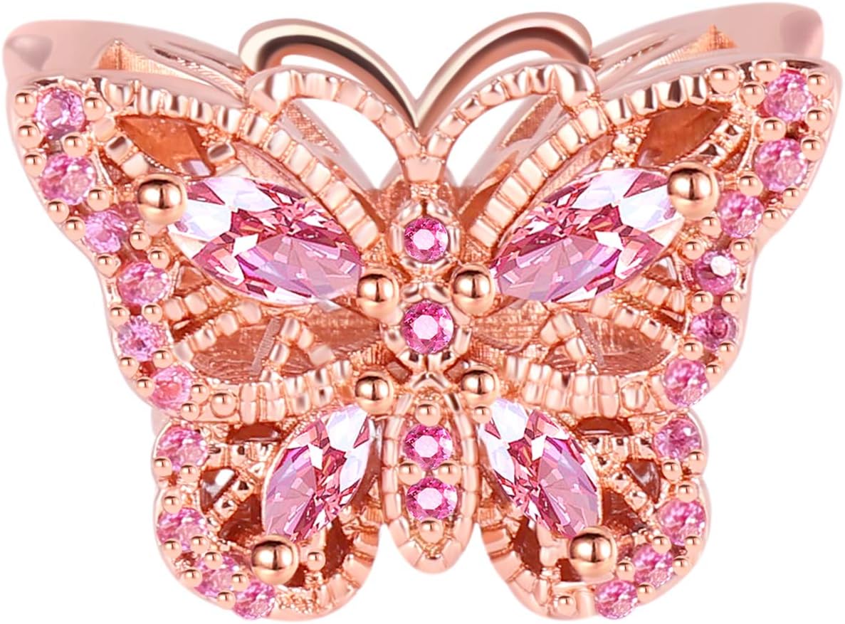 GNOCE Butterfly Charm Bead Sterling Silver 18k Rose Gold Plated Charm with Cz For Bracelet/Necklace Women