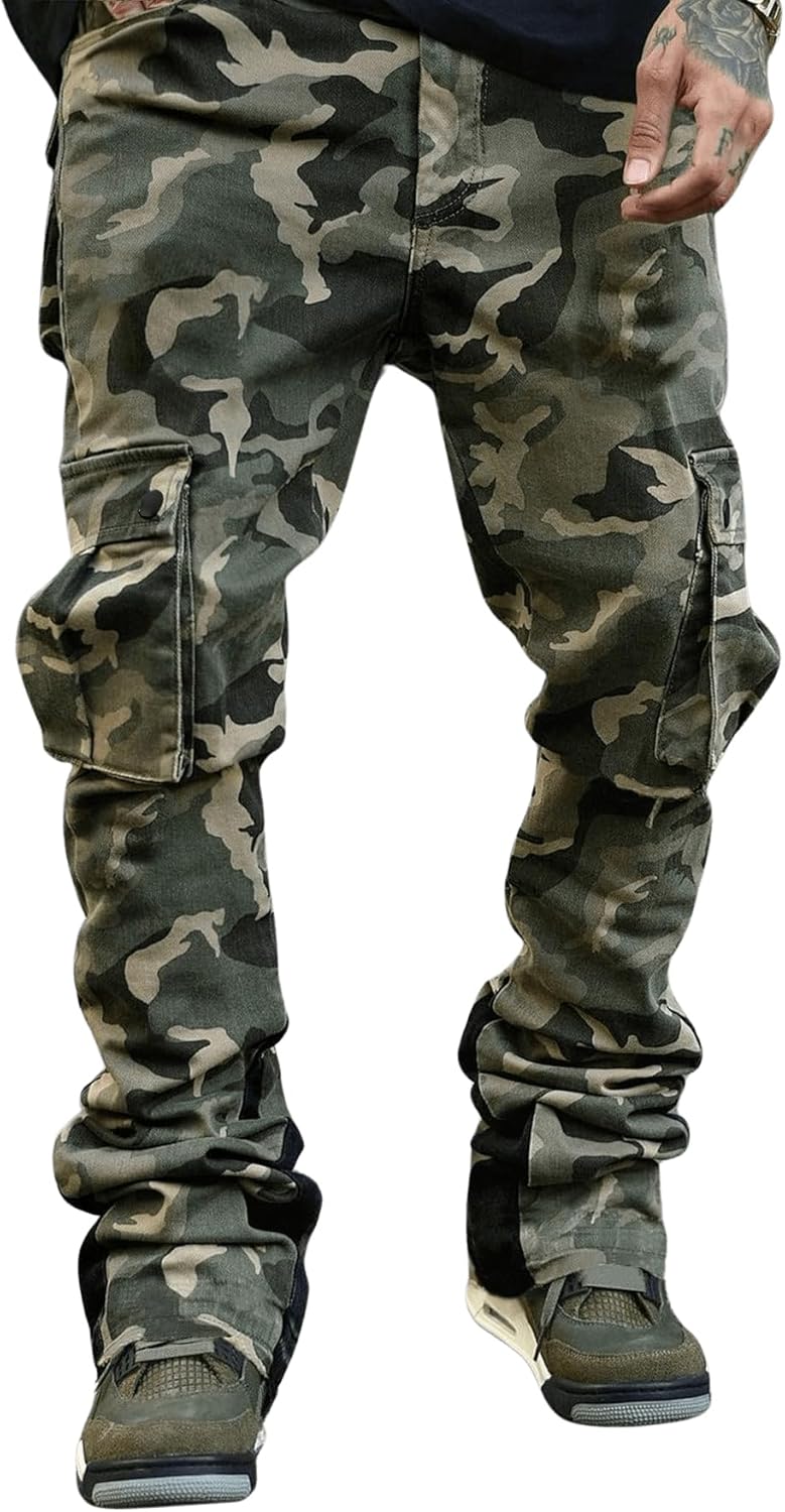 OYOANGLE Men's Camo Print Drawstring Waist Casual Baggy Cargo Pants Streetwear with Pocket