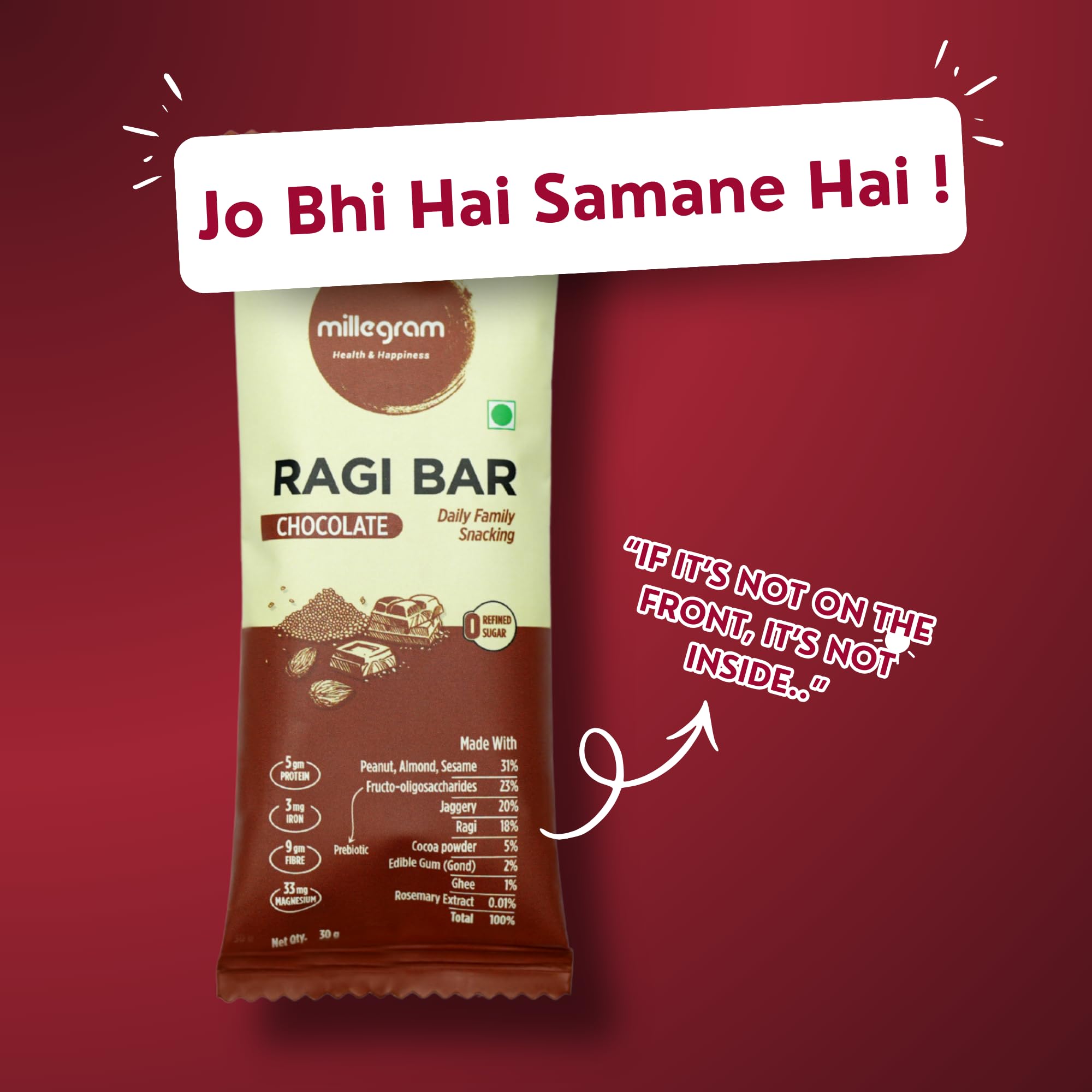 Millegram Ragi Bars Multi Flavours (Date, Chocolate and Peanut Butter - Pack of 30g X 6Pcs) - High Protein(9g), Fibre(7.5g), Magnesium, Iron, Goodness of Ragi, Almond & Cow Ghee. Gluten-Free Snack with No Added Refined Sugar, Preservatives — Amazon image 8