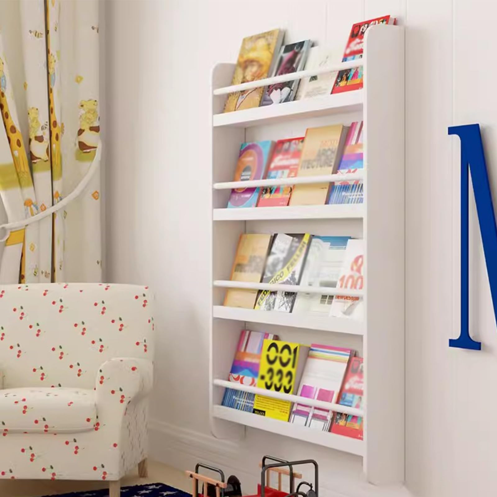 Libreria da parete per bambini, in legno di pino, colore bianco, per libri illustrati, dimensioni: 50 x 12 x 118 cm