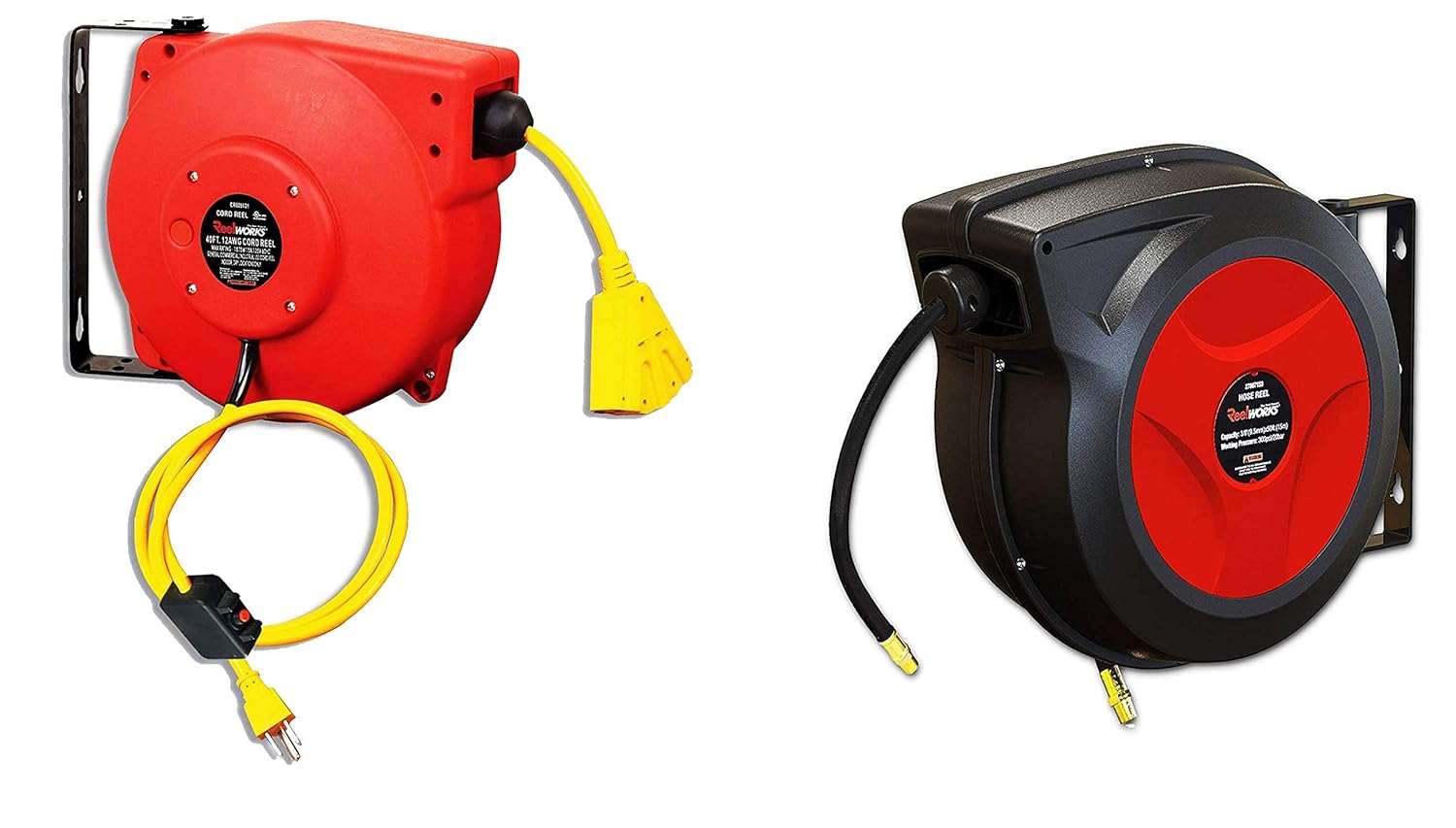 ReelWorks Extension Cord Reel 12AWGx40' Feet and Air Hose Reel 3/8" inch x 50' Foot (Bundle Deal)