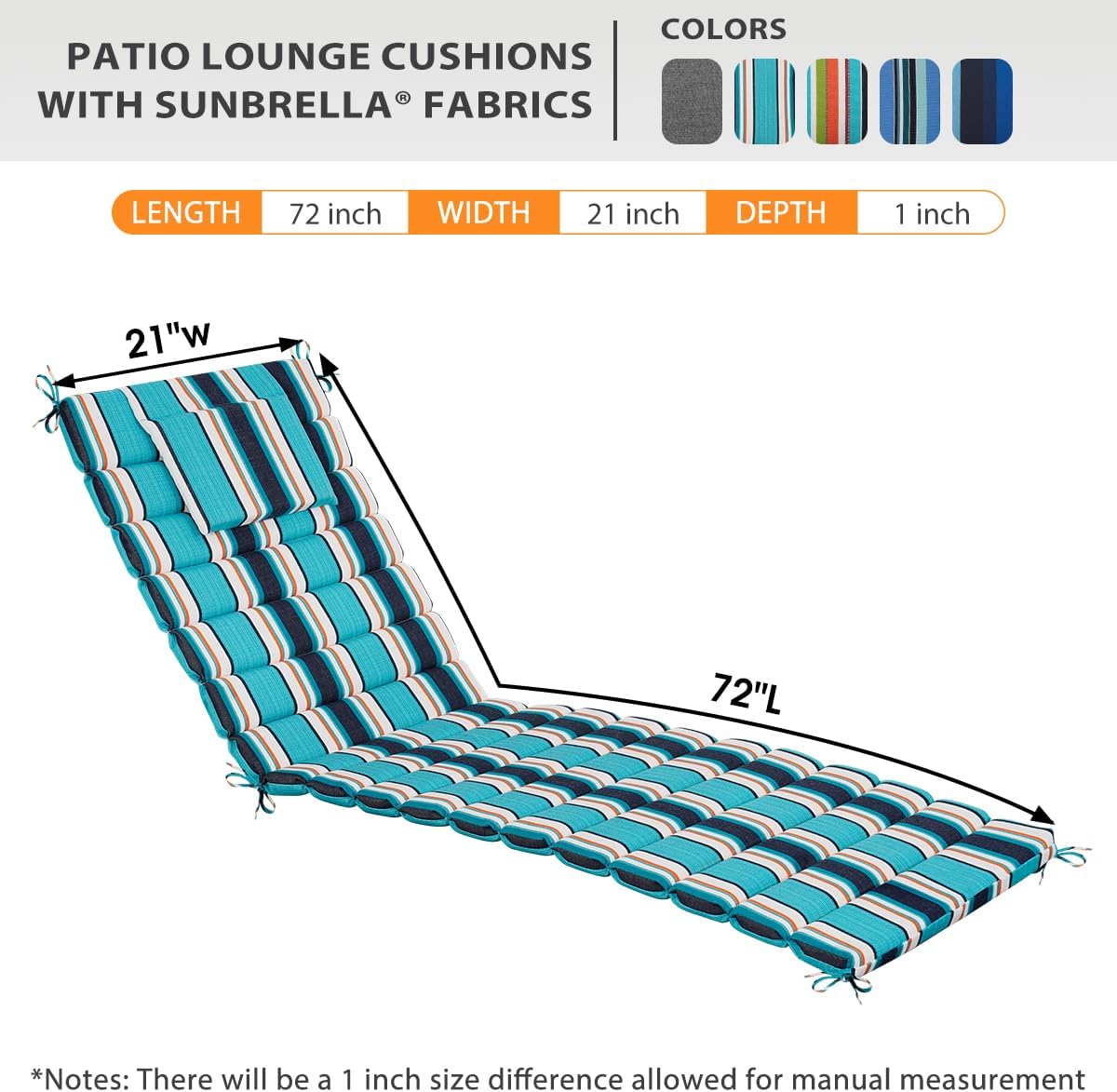 Sundale Outdoor Sunbrella Quilted Lounge Chair Cushion, Patio Acrylic Foldable Chaise Pad with Pillow, Water-Resistant Lounger Cushion with Straps, 72 x 21 x 1 Inch - Token Surfside