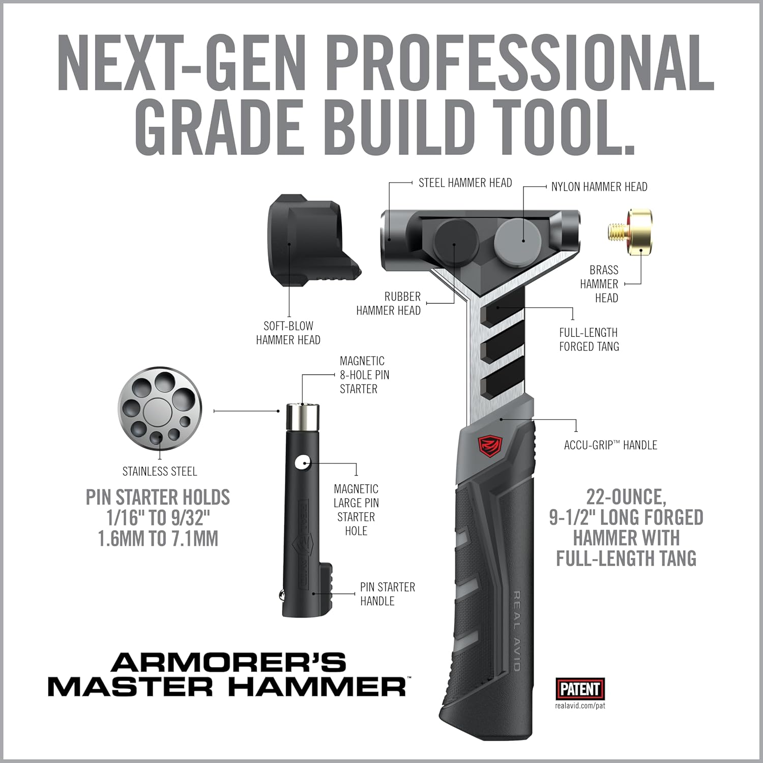 Real Avid Armorer's Master Hammer & Accu-Punch 11-Piece Pin Punch Set - 20 Ounce 9.5" Hammer W/ Soft Blow Hammer Head, Steel, Rubber & Brass Head