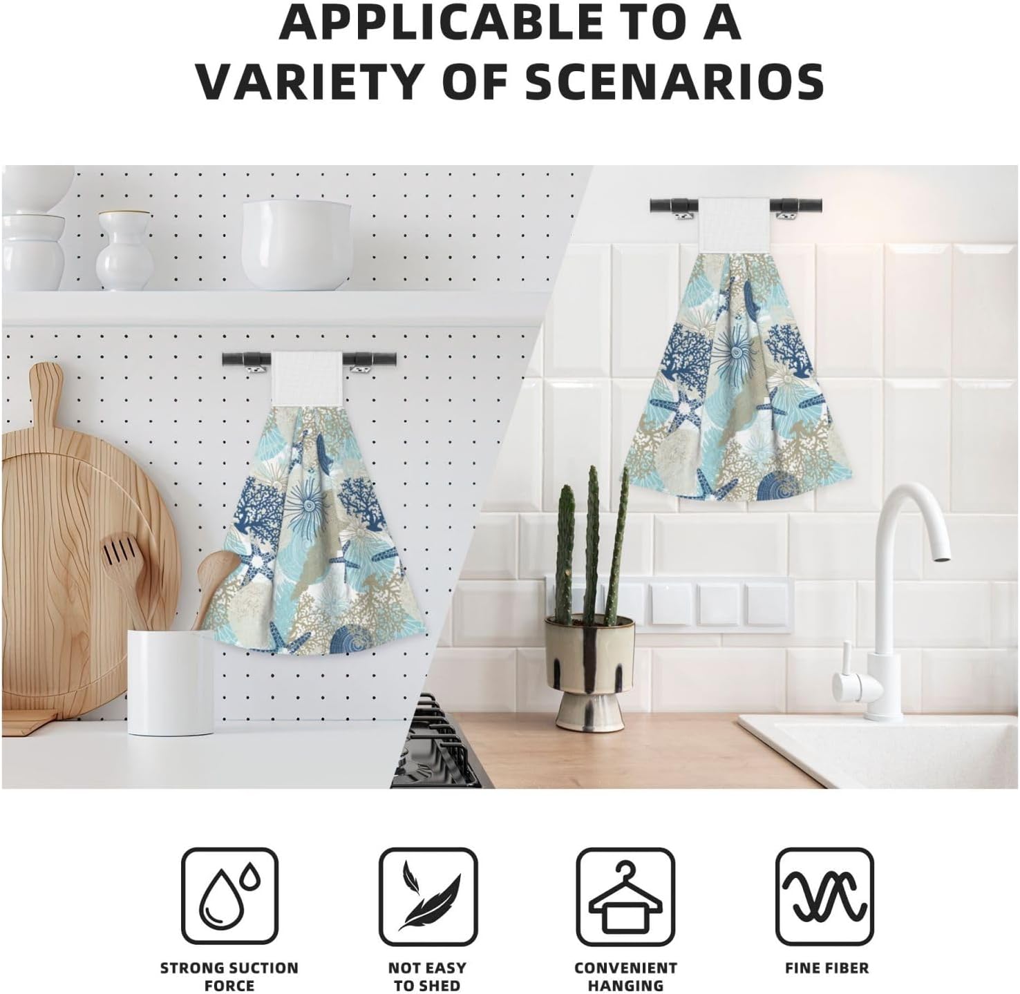 Cute Algae Corals Seashells Kitchen Hanging Towel 14 X 18 Inch Hand Tie Fingertip Towels Set of 2 Pcs Tea Bar Dish Cloths Dry Towel Soft Absorbent Thin Durable for Laundry Room Decor image 3