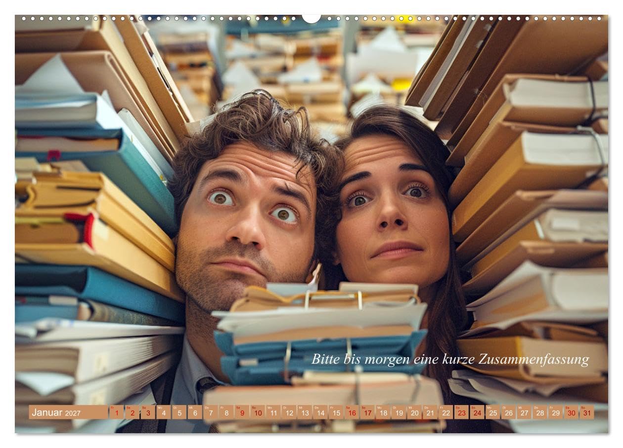 CALVENDO - Ich liebe jeden Tag im Büro (Wandkalender 2027 DIN A2 quer), Monatskalender: Arbeitswahn und Papierstau: Das Comedy-Bürokalender