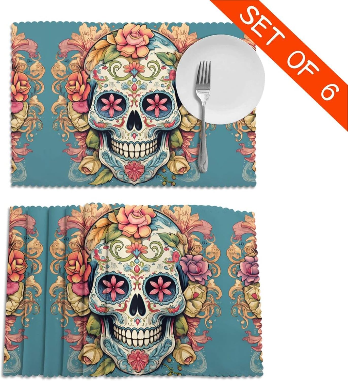 Sugar Skull Print Prints High-Grade Placemats 12x18in - 6-Pack Durable Polyester Table Layers for Dining, Hotel, and Party Decor image 4