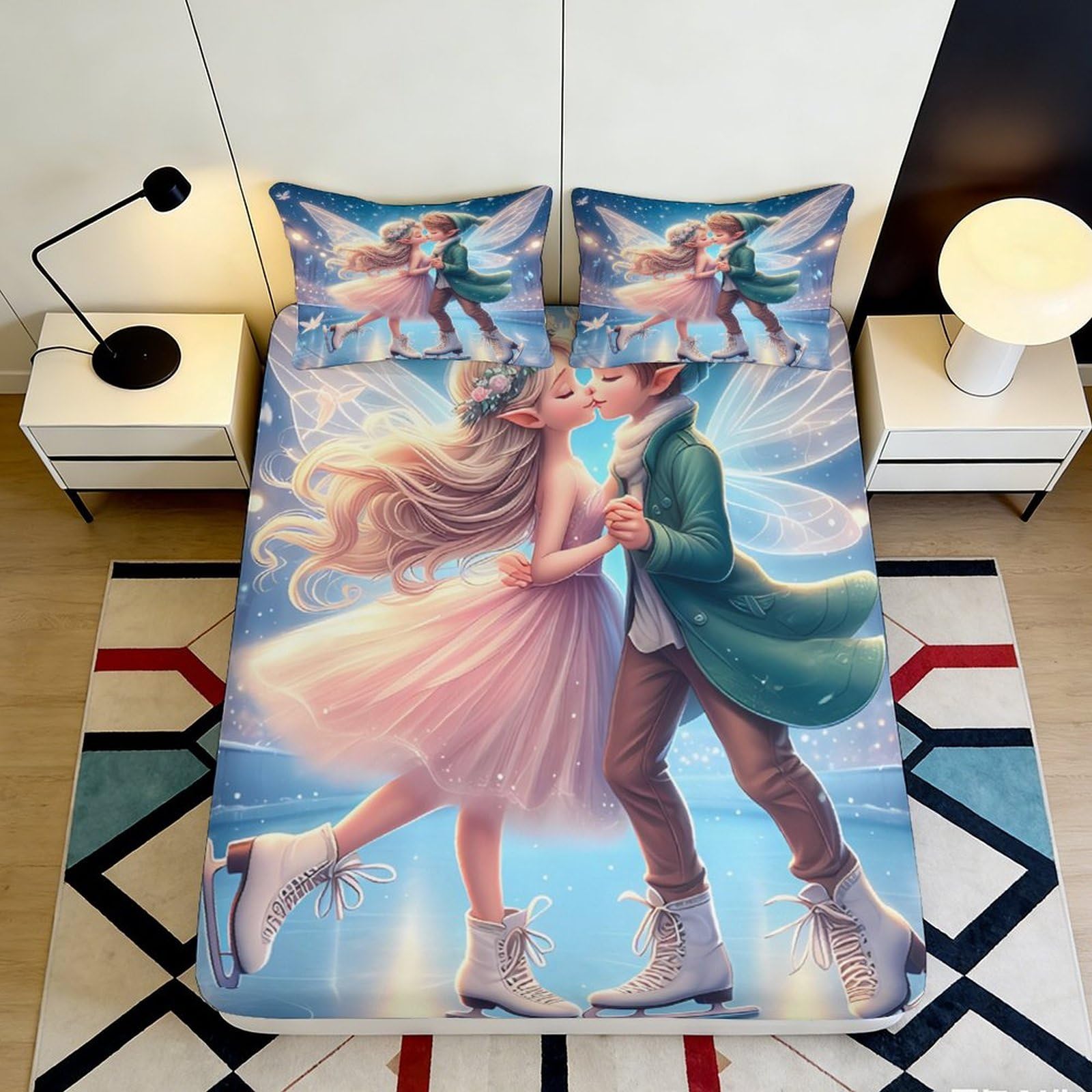 3D Printed Fairy Couple Fitted Sheet Microfiber Soft Breathable Magical Dance Bed Cover for Bedroom Dormitory Guest Room Mattress Protection Decor 180x200x25cm