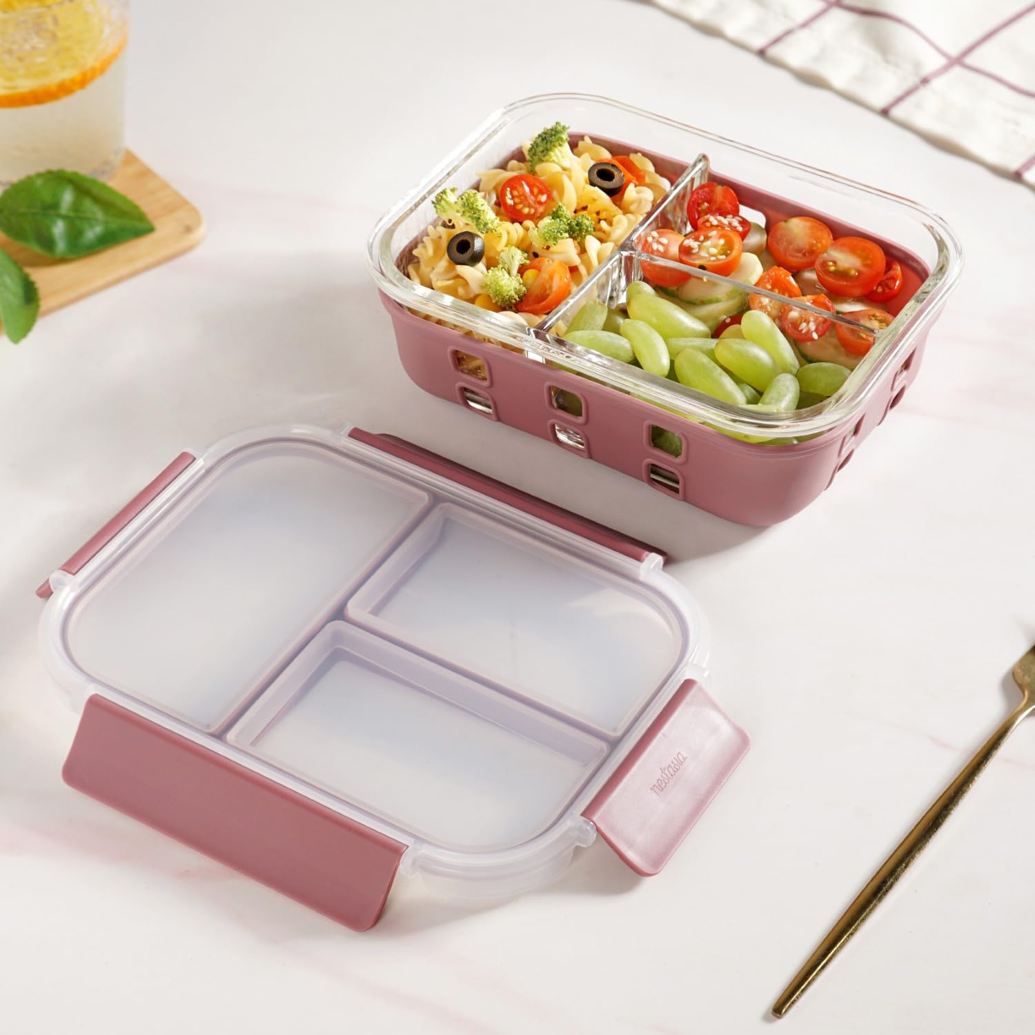 Nestasia Glass Lunch Box with Silicone Sleeve (1000ml) - Borosilicate Glass Lunch Box with 3 Compartments for Office | Microwave & Freezer Safe, Leak-Proof Tiffin Box with Clip Locks (Mauve)-image-19