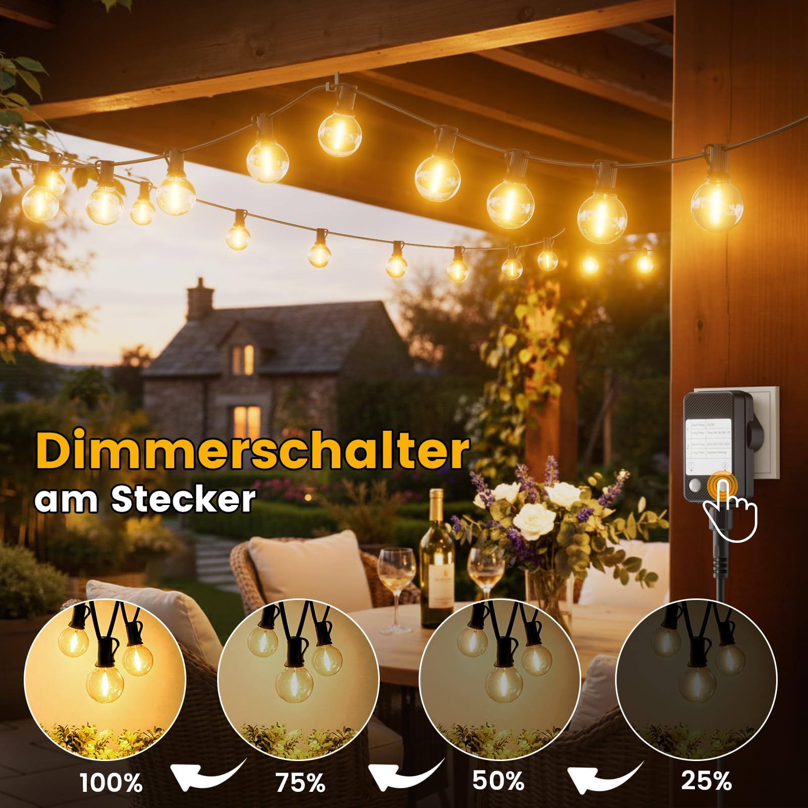 Yuusei Lichterkette Außen Strom, 45,7M Lichterkette Outdoor LED mit Dimmer, IP45 Wasserdicht, 58+2 G40 Dimmbar Aussen Glühbirnen Lights für Garten, Pavillon, Balkon, Camping, Party, Hochzeit