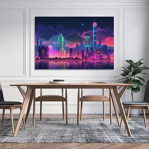 Miniatura 5 de Vaporwave Synthwave - Póster de paisaje urbano futurista de neón en lienzo, pósteres e impresiones, pinturas para decoración de pared para