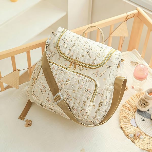 Starnearby Quilted Changing Bag, Floral Changing Bag with Straps for Stroller, Backpack Bag Changing Mat for Travel and Hospital, Brown Leaves, Classic - 1