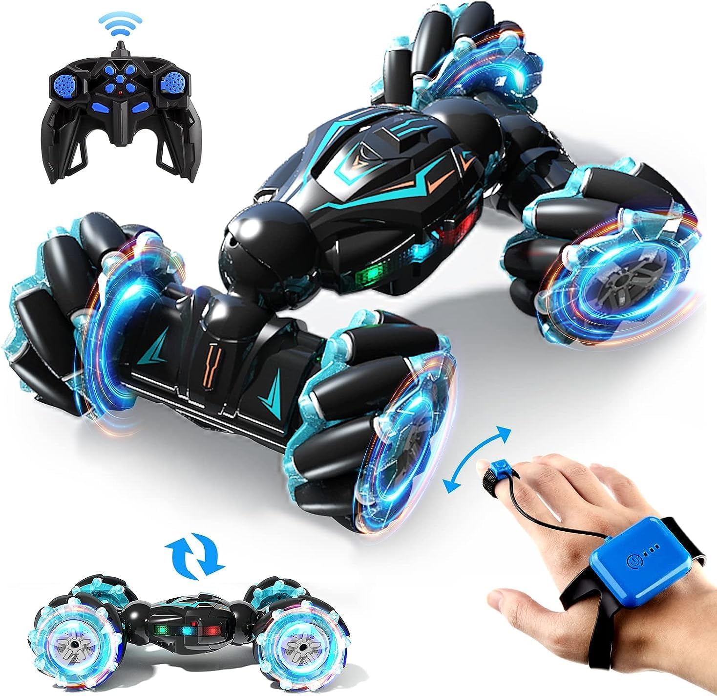 Heattack RC Stunt Car, 2.4GHz 4WD Remote Control Gesture Sensor Toy Double Sided Rotating Off Road Vehicle 360° Flips With Lights Music For Boys & Girls Birthday, Multicolor