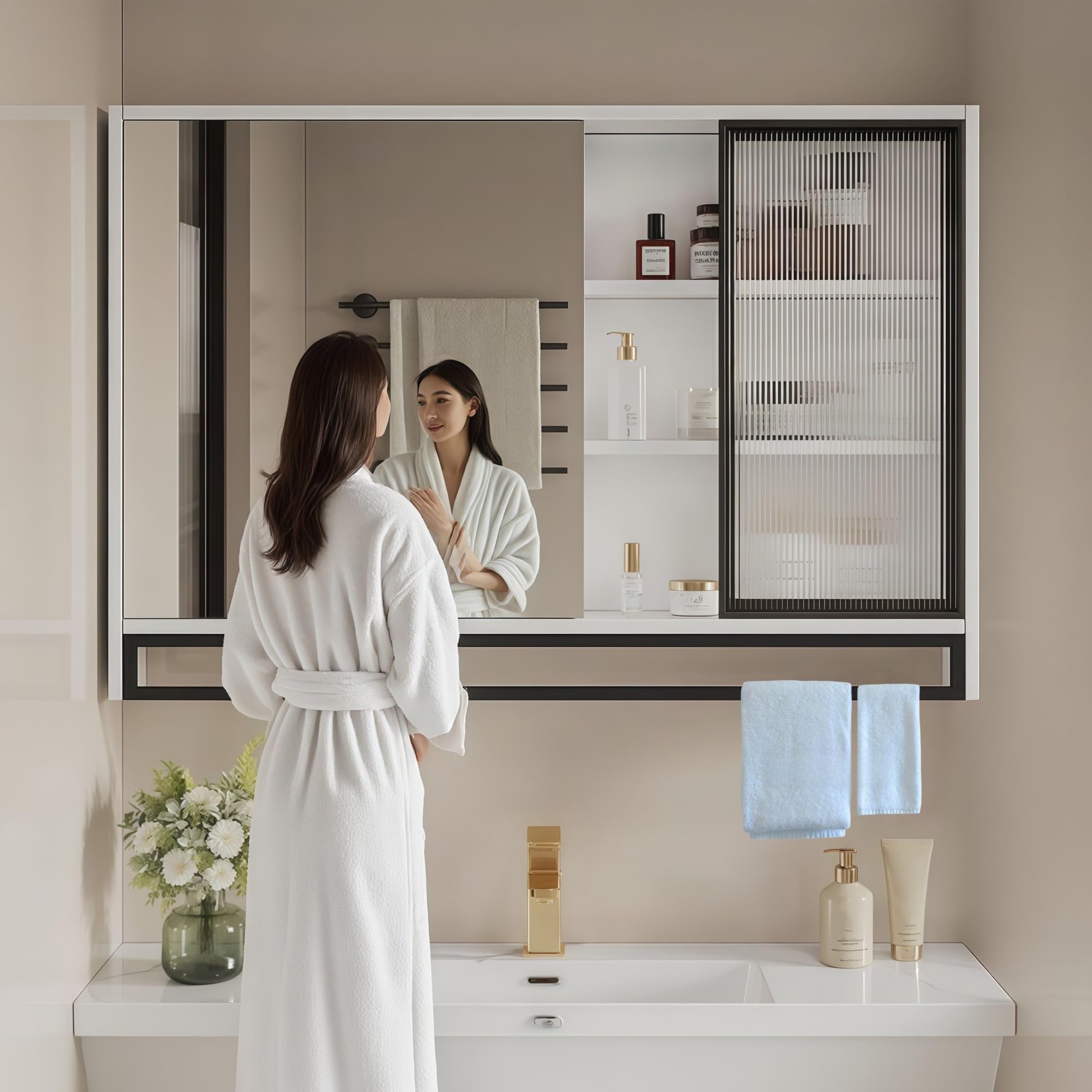 Bathroom Vanity Stand, Waterproof Mirror Cabinet Storage Extension, Storage Included, Glass Door and Towel Rack, Solid Wood Plate, 23.6 / 27.6 / 35.4 inches (60 / 70 / 80 / 90 cm), Standard Model and LED Lighting Model, Anti-Fog, Stylish, Rust and Crack Resistant, Bathroom Makeup, Wall Decoration, Wall Decoration, Space Saving, Large Capacity, Storage, Condensation, Sweat Resistant, Moisture Resistant, Easy Installation, Compatible with Japanese Homes (A,23.60 cm)