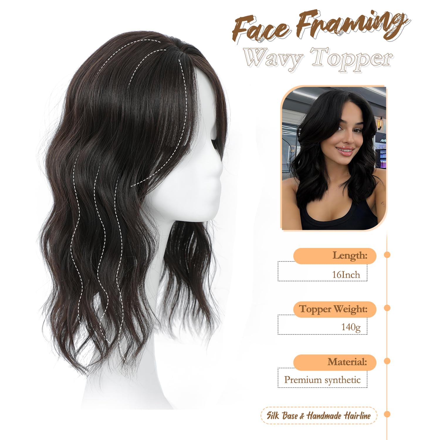 paneway hair topper 16inch hair toppers for women wavy curly dark brown clip in synthetic wiglets pieces for women 16 inch 4-8