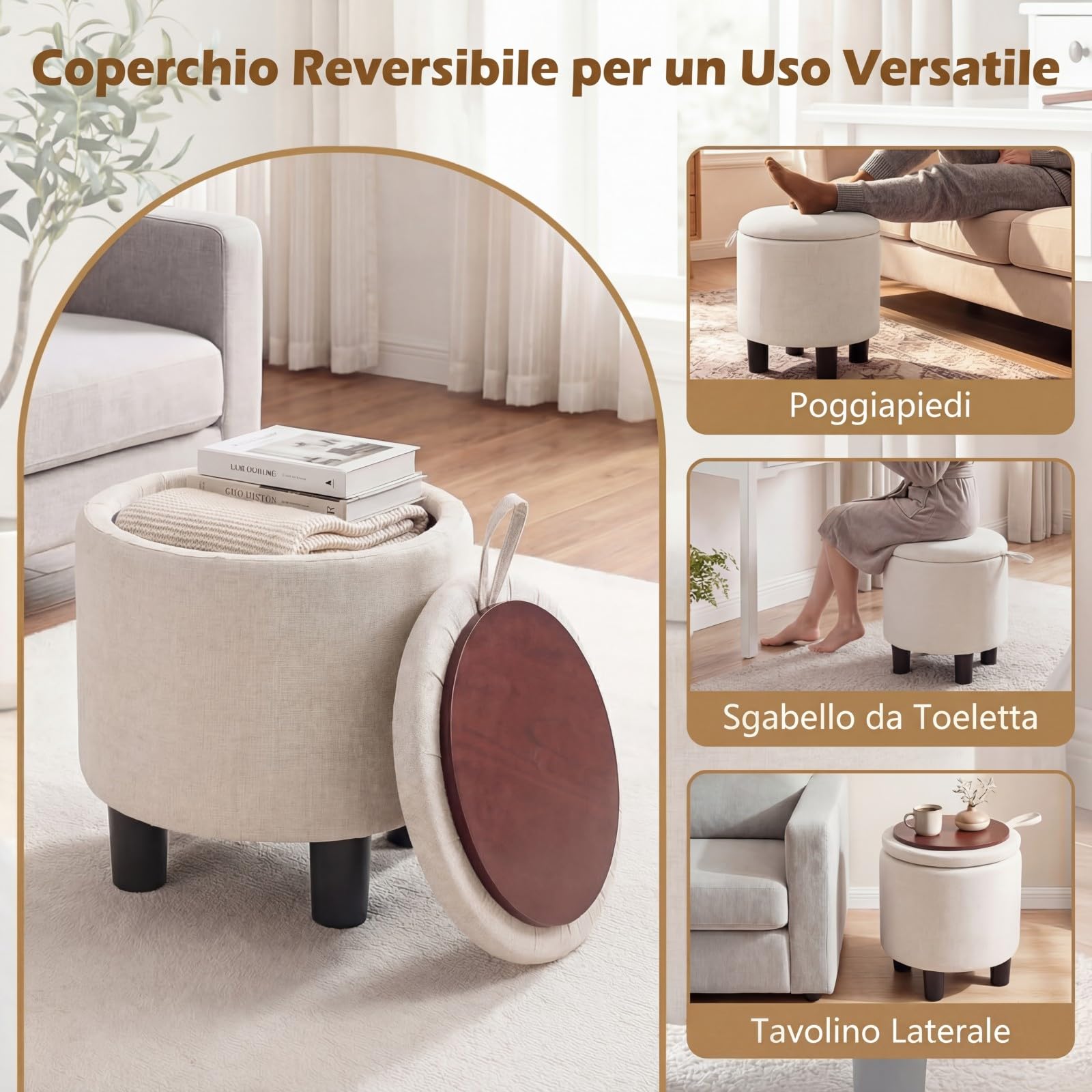 COSTWAY Pouf Contenitore Rotondo, Sgabello Poggiapiedi in Tessuto, con Coperchio Rimovibile, Poggiapiedi per Soggiorno e Camera da Letto, 38 x 38 x 42 cm