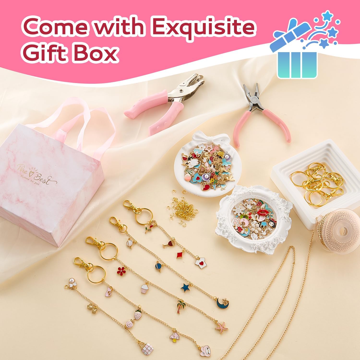 Dfqsofd 213Pcs Lip Gloss Keychain Making Kit, Including 33ft Gold Extender Chain 100 Charms 100 Jump Ring 10 Keychain Clips, Hole Punch and Jewelry Plier for DIY Crafts Women - Image 7