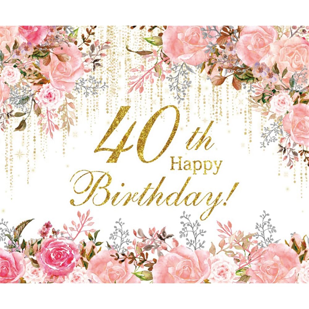 Toile de fond florale aquarelle pour 40e anniversaire Motif fleurs sauvages Doré 40 ans Décoration de fête de jardin femme Happy Birthday Cake Table Studio Accessoires 3 x 3 m