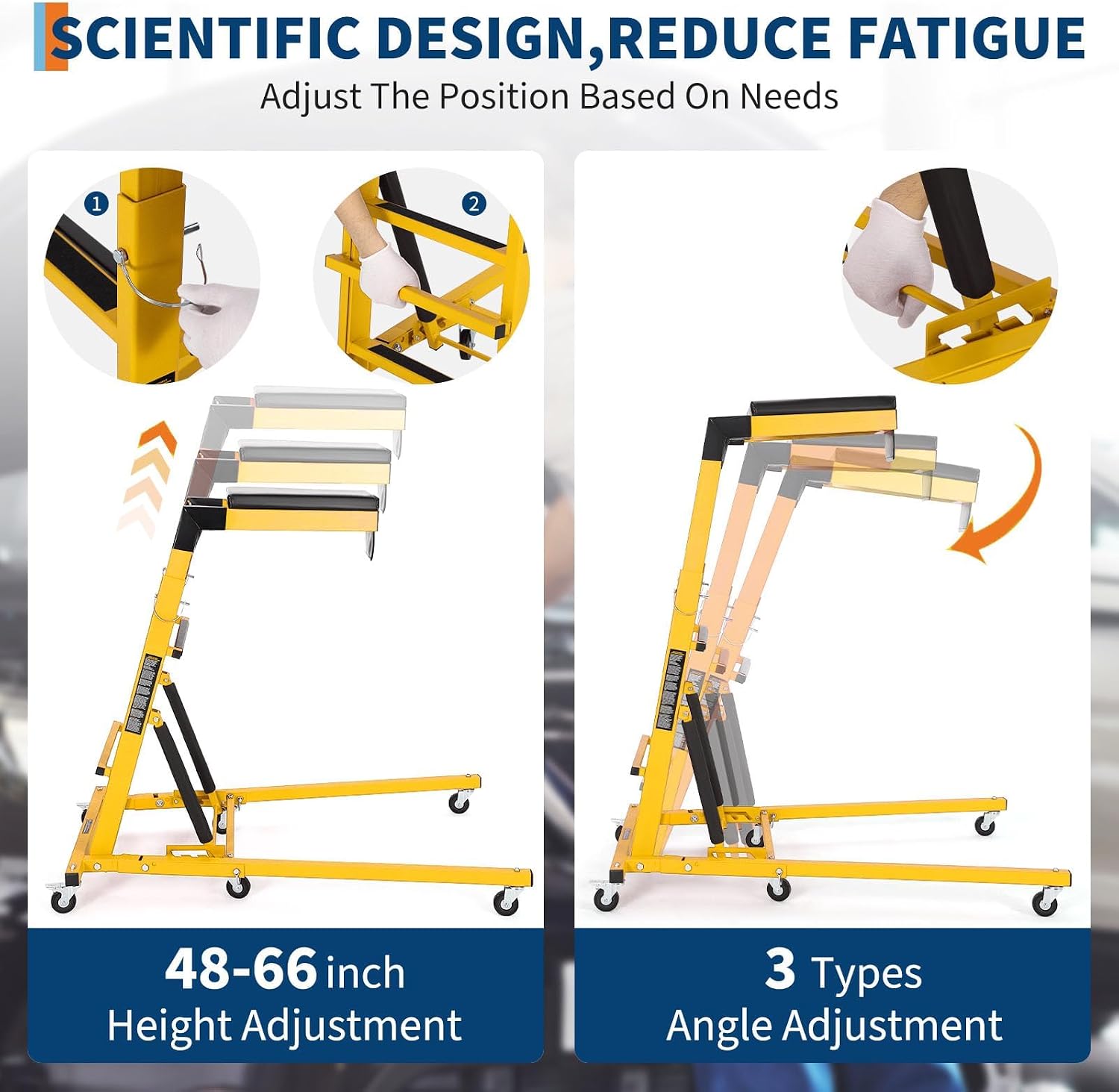 Heavy-Duty Collapsible Engine Creeper with 6 Swivel Casters, Adjustable Height 48"-66" Foldable Topside Automotive Creeper, 400 Lbs, Padded Deck, Tool Pouch, for Truck/SUV Garage Maintenance, Yellow
