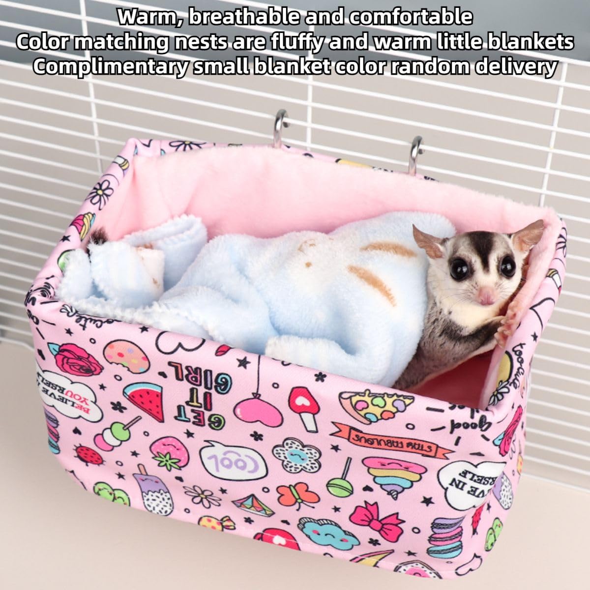 Sugar Glider Rat Bed for Cage Chew Proof Rat Toys Warm Bed, Small Animal Hanging Stainless Steel Basket Bed Ferret Cage Accessories and Habitats Removable Nest with Blanket (White)