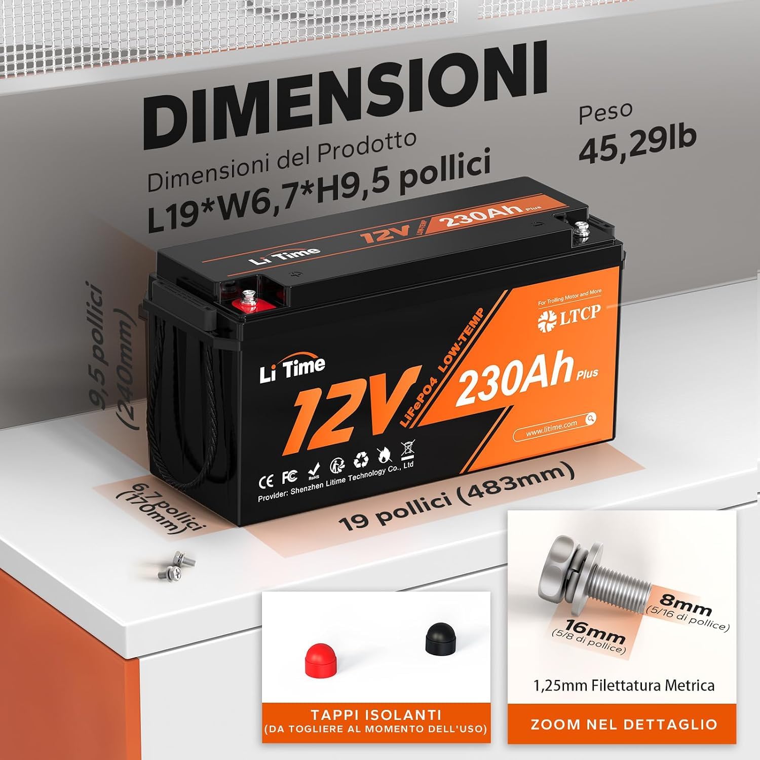 LiTime Batteria Litio 12V 230Ah LTCP LiFePO4 per Camper, Caravan (4 pezzi)