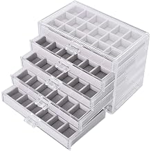 Clear Acrylic Rock Display Case, 5 Layer 90 Grid Mineral Collection Box with Adjustable Velvet Insert, Gemstone Organizer for Crystals, Rocks, Geology Kids Gray
