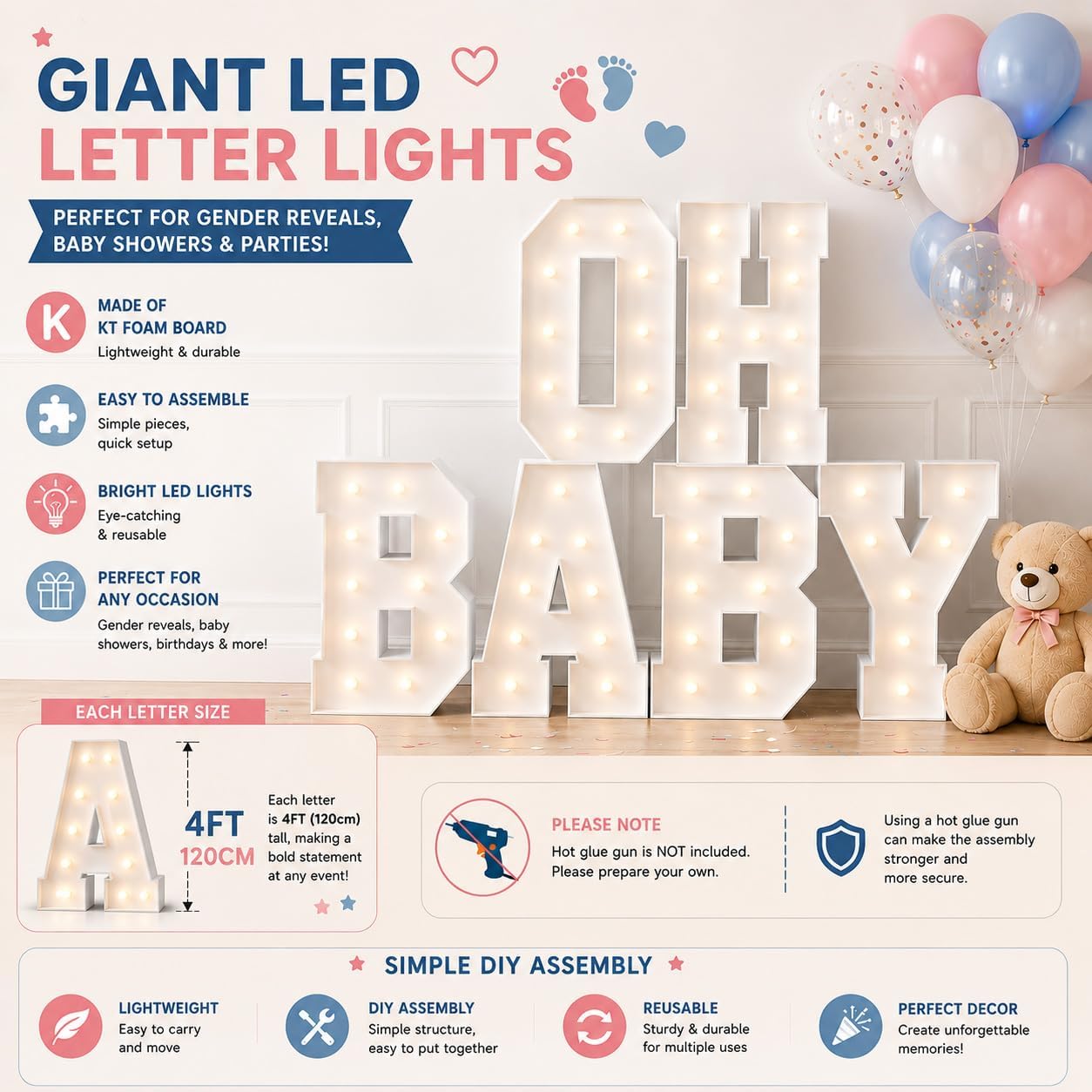 3FT/4FT OH Baby neon Letter Lights, LED Decoration, Suitable for Baby Showers, Gender Revealing, Baptism, Indoor courtyards and Poolside Parties, Party Decoration thumbnail